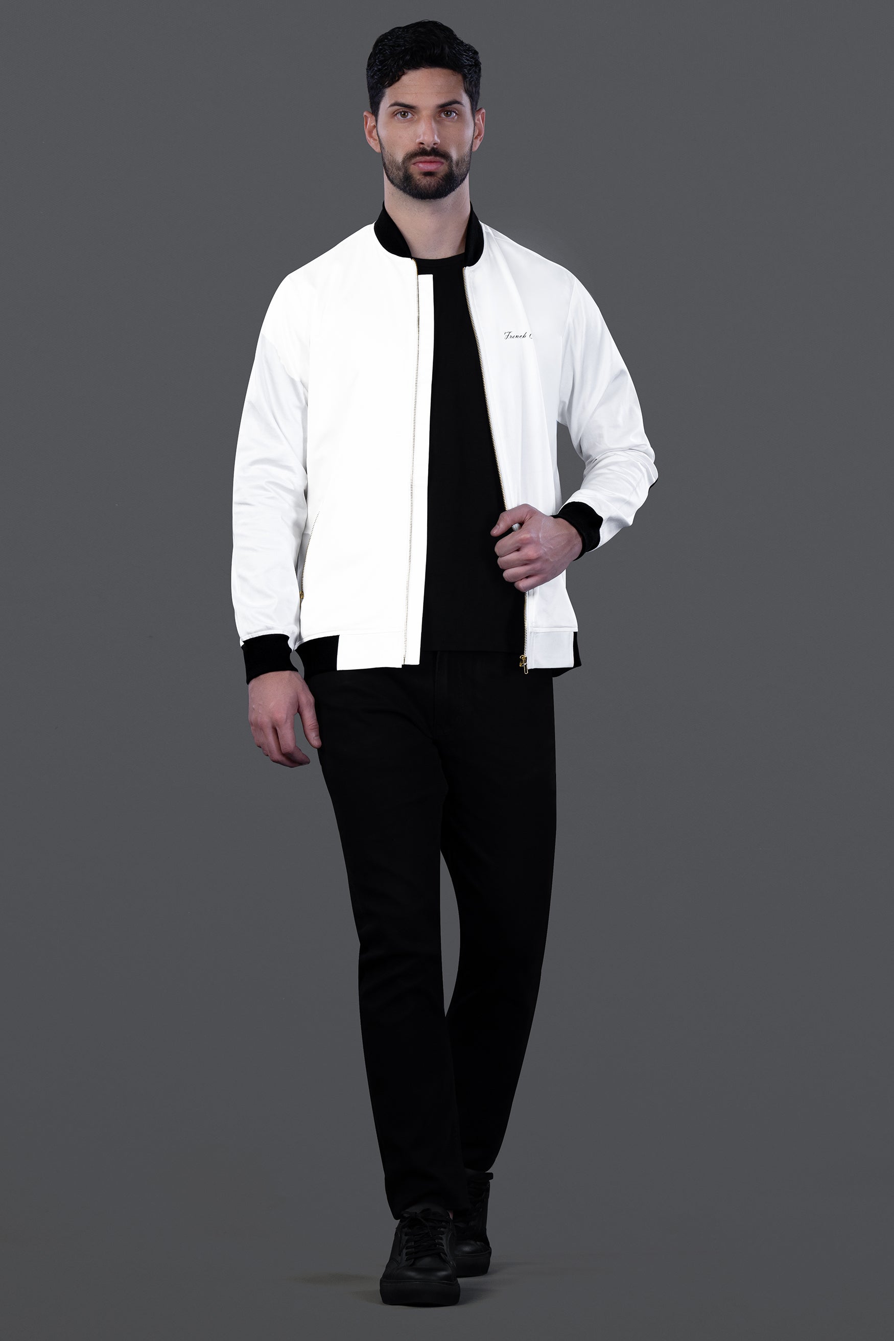 Bright White Lion Embroidered Chambray Designer Bomber Jacket