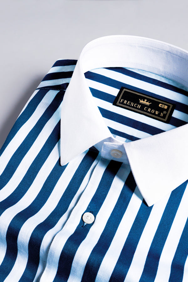 Regal Blue and White Striped Printed with White Cuffs and Collar Subtle Sheen Super Soft Premium Cotton Designer Shirt 12129-WCC-38, 12129-WCC-H-38, 12129-WCC-39, 12129-WCC-H-39, 12129-WCC-40, 12129-WCC-H-40, 12129-WCC-42, 12129-WCC-H-42, 12129-WCC-44, 12129-WCC-H-44, 12129-WCC-46, 12129-WCC-H-46, 12129-WCC-48, 12129-WCC-H-48, 12129-WCC-50, 12129-WCC-H-50, 12129-WCC-52, 12129-WCC-H-52