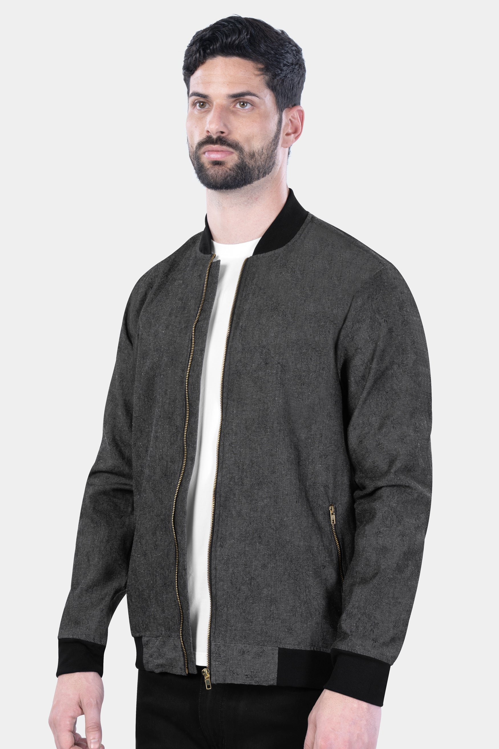 Iridium Gray Jacquard Textured Premium Giza Cotton Bomber Jacket