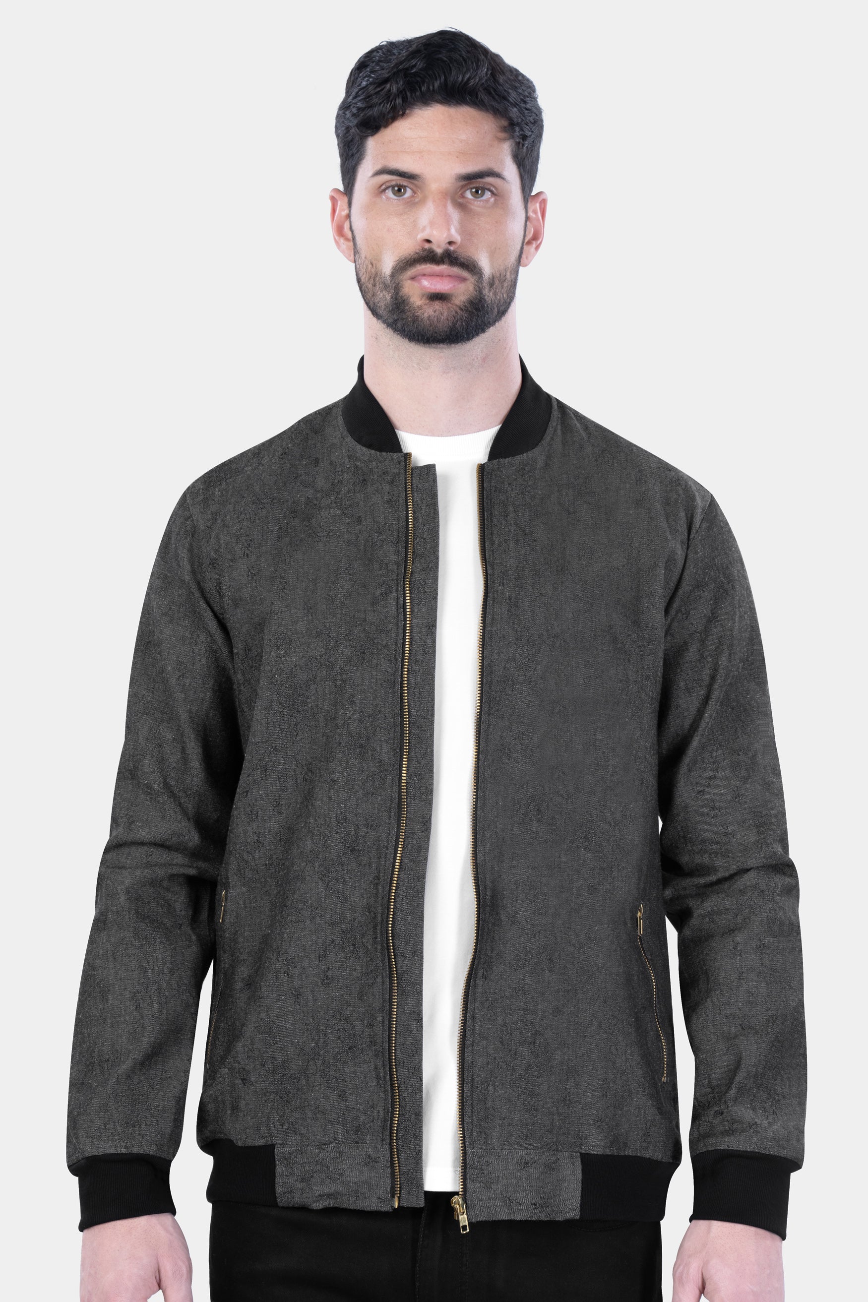 Iridium Gray Jacquard Textured Premium Giza Cotton Bomber Jacket