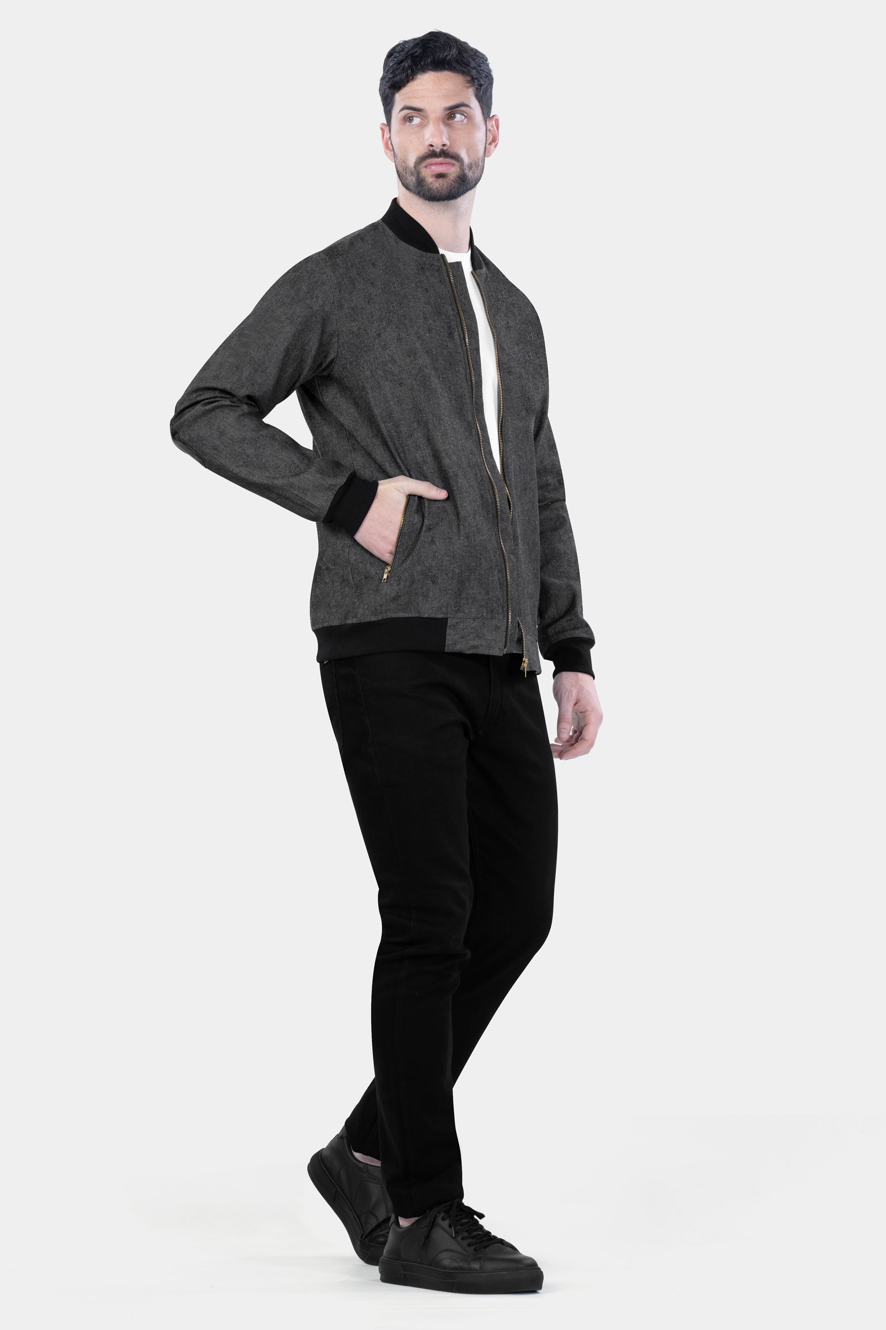 Iridium Gray Jacquard Textured Premium Giza Cotton Bomber Jacket
