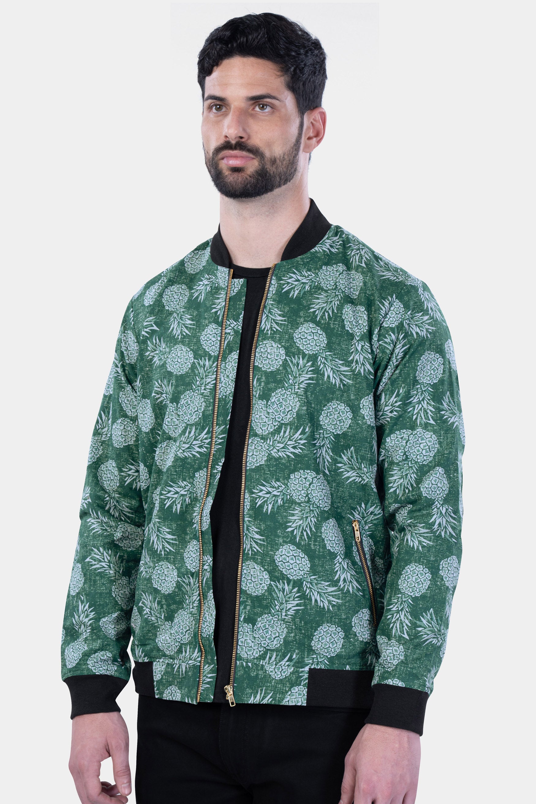 Plantation Green Pineapple Printed Premium Cotton Bomber Jacket
