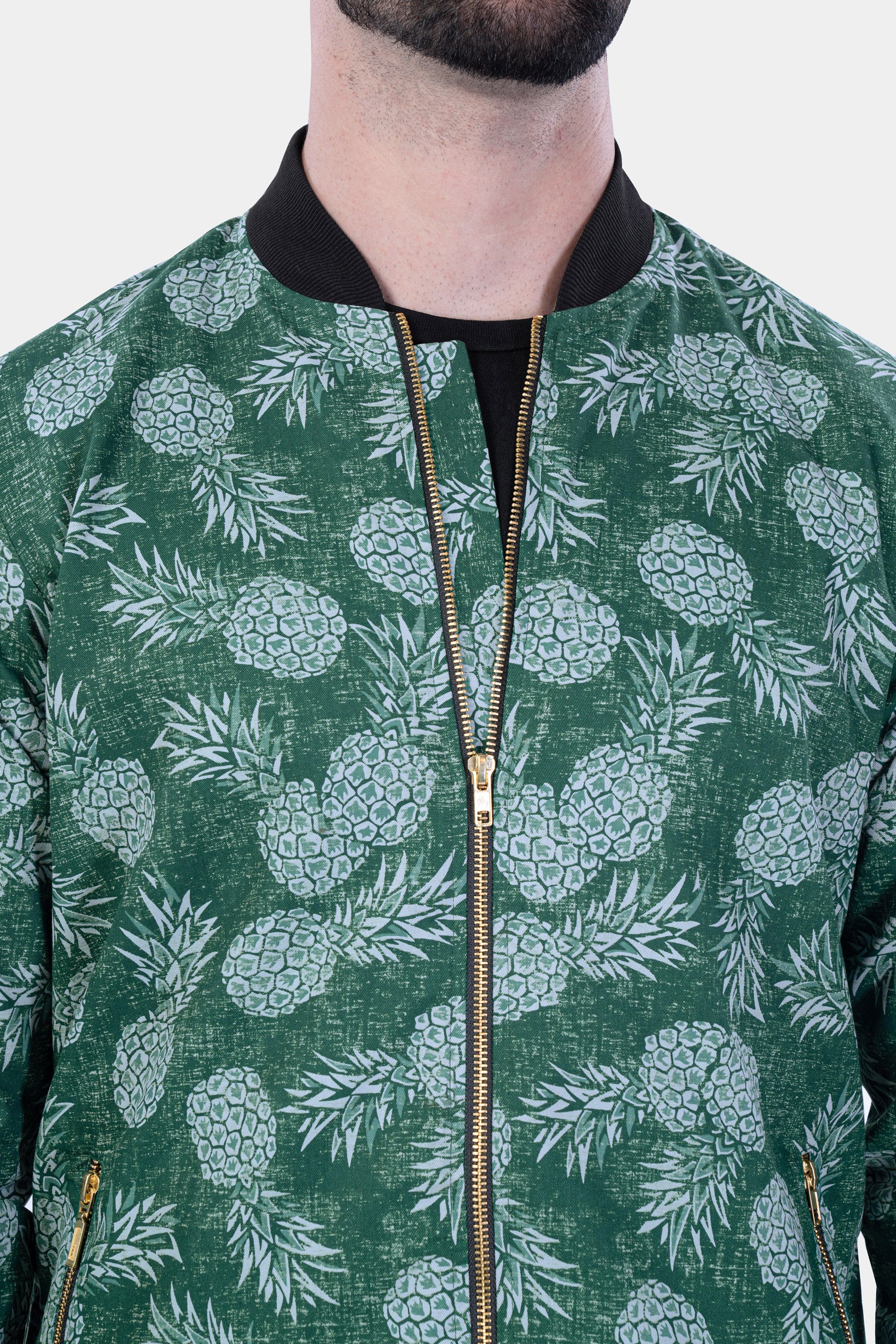 Plantation Green Pineapple Printed Premium Cotton Bomber Jacket