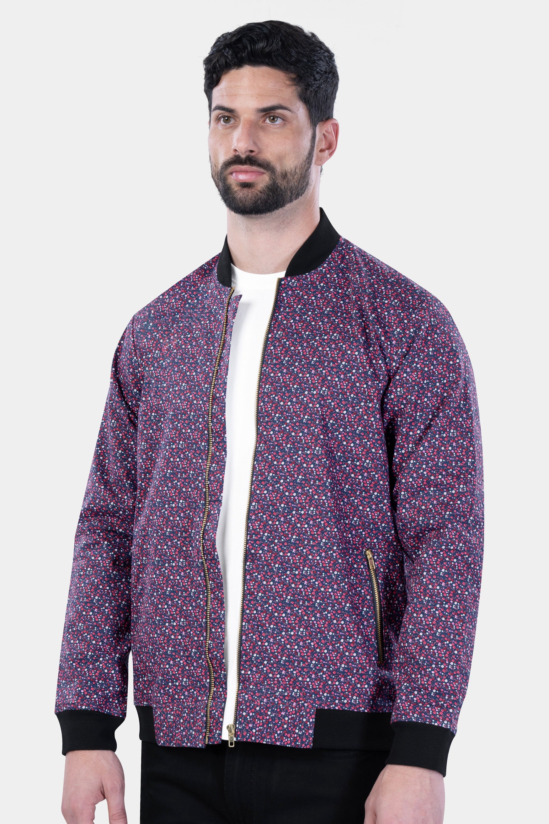 Firefly Blue Multicolour Ditsy Printed Premium Cotton Bomber Jacket