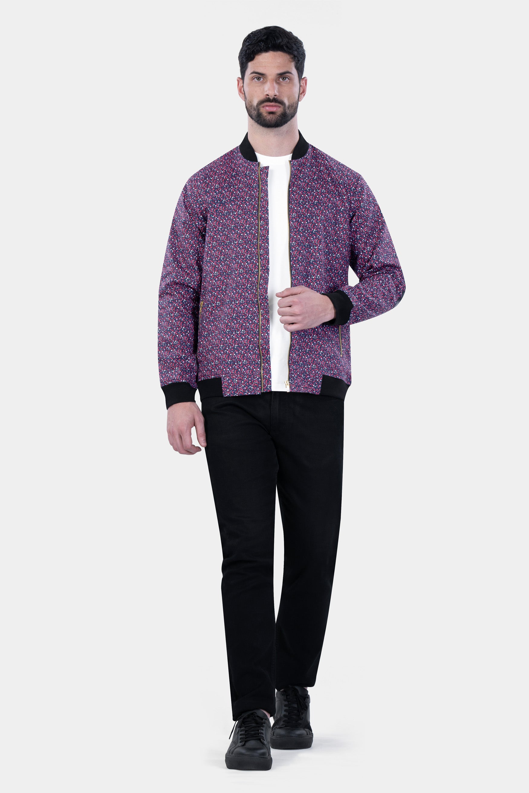 Firefly Blue Multicolour Ditsy Printed Premium Cotton Bomber Jacket