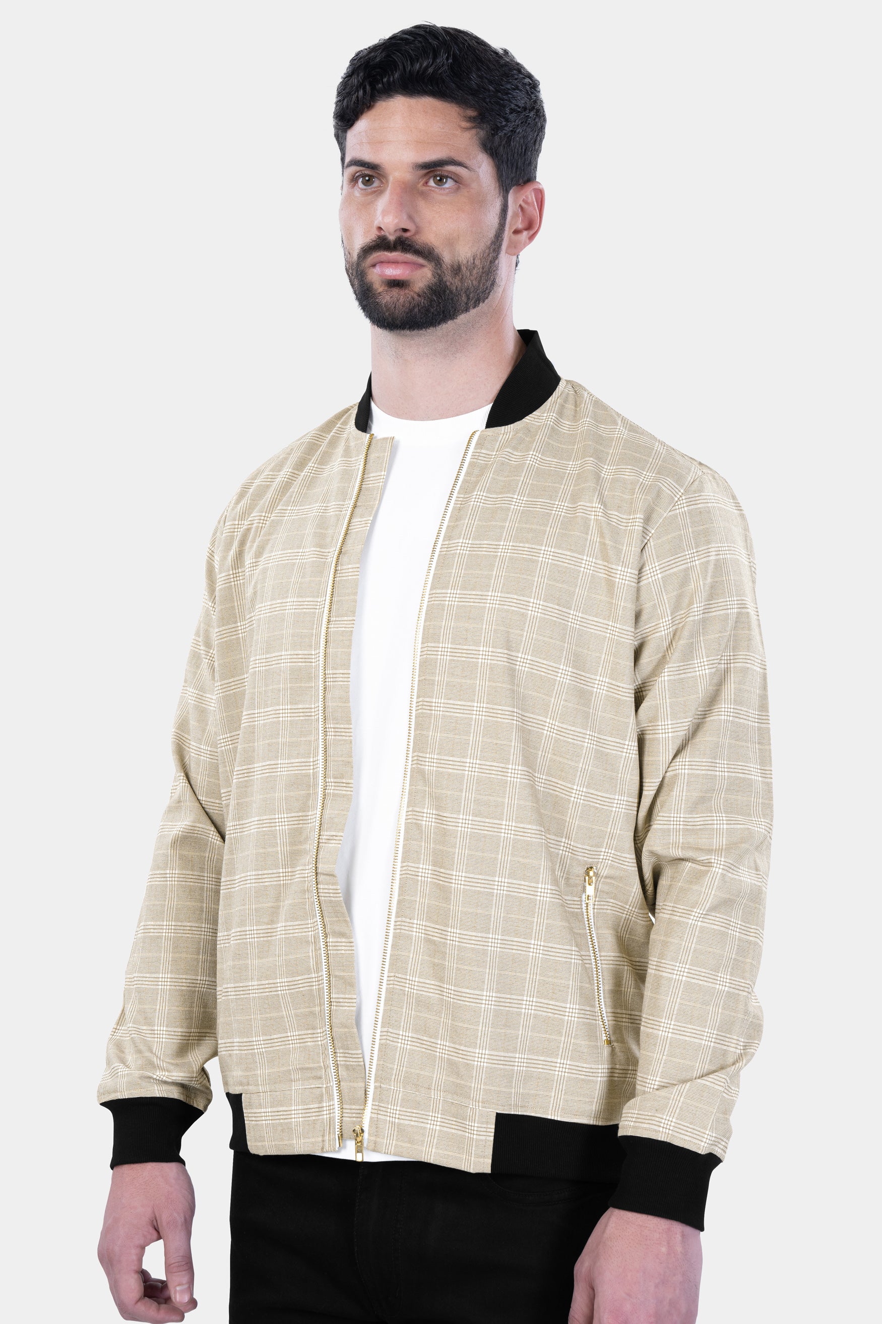 Soft Amber Beige Plaid Premium Cotton Jacket