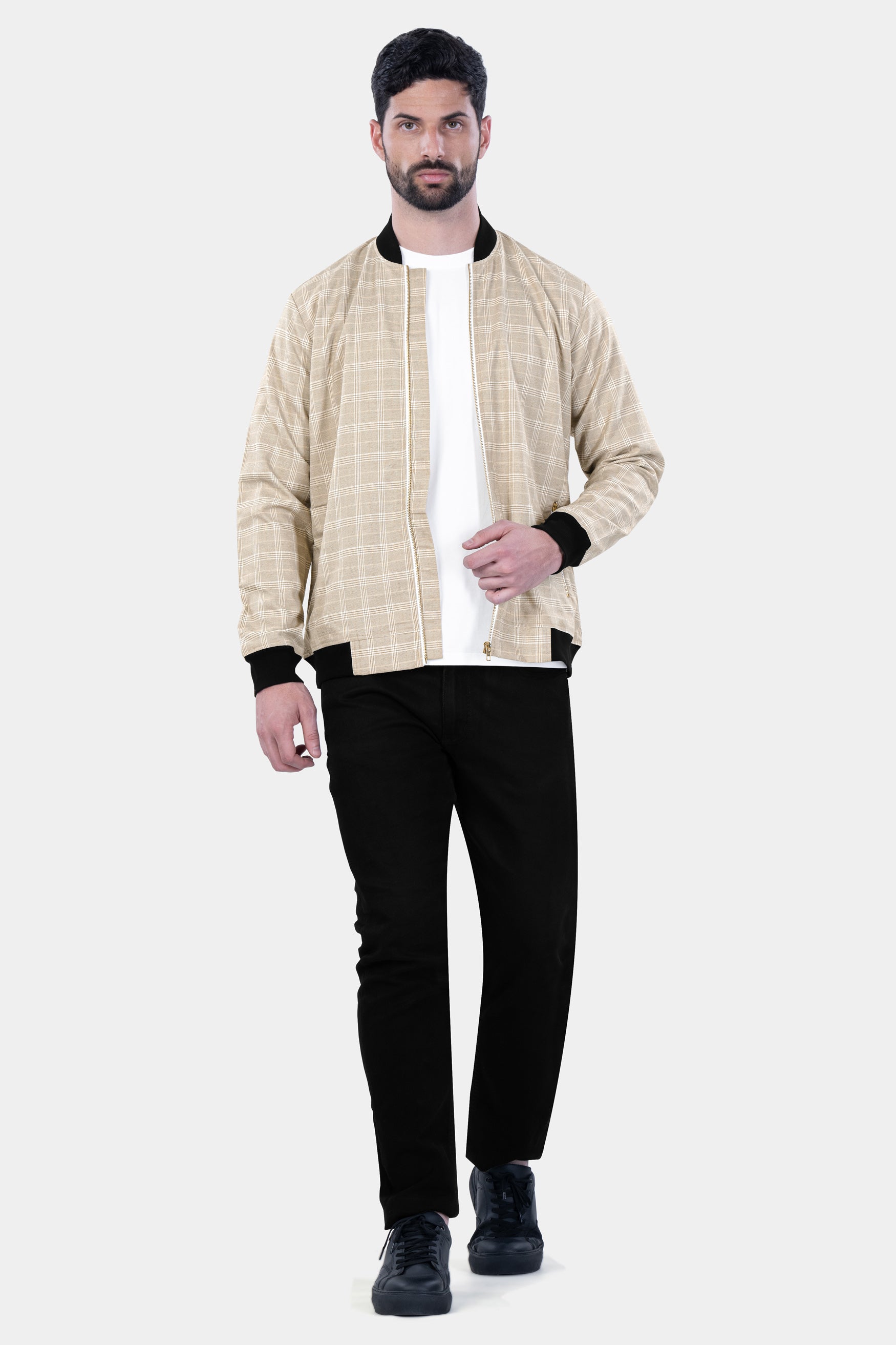 Soft Amber Beige Plaid Premium Cotton Jacket