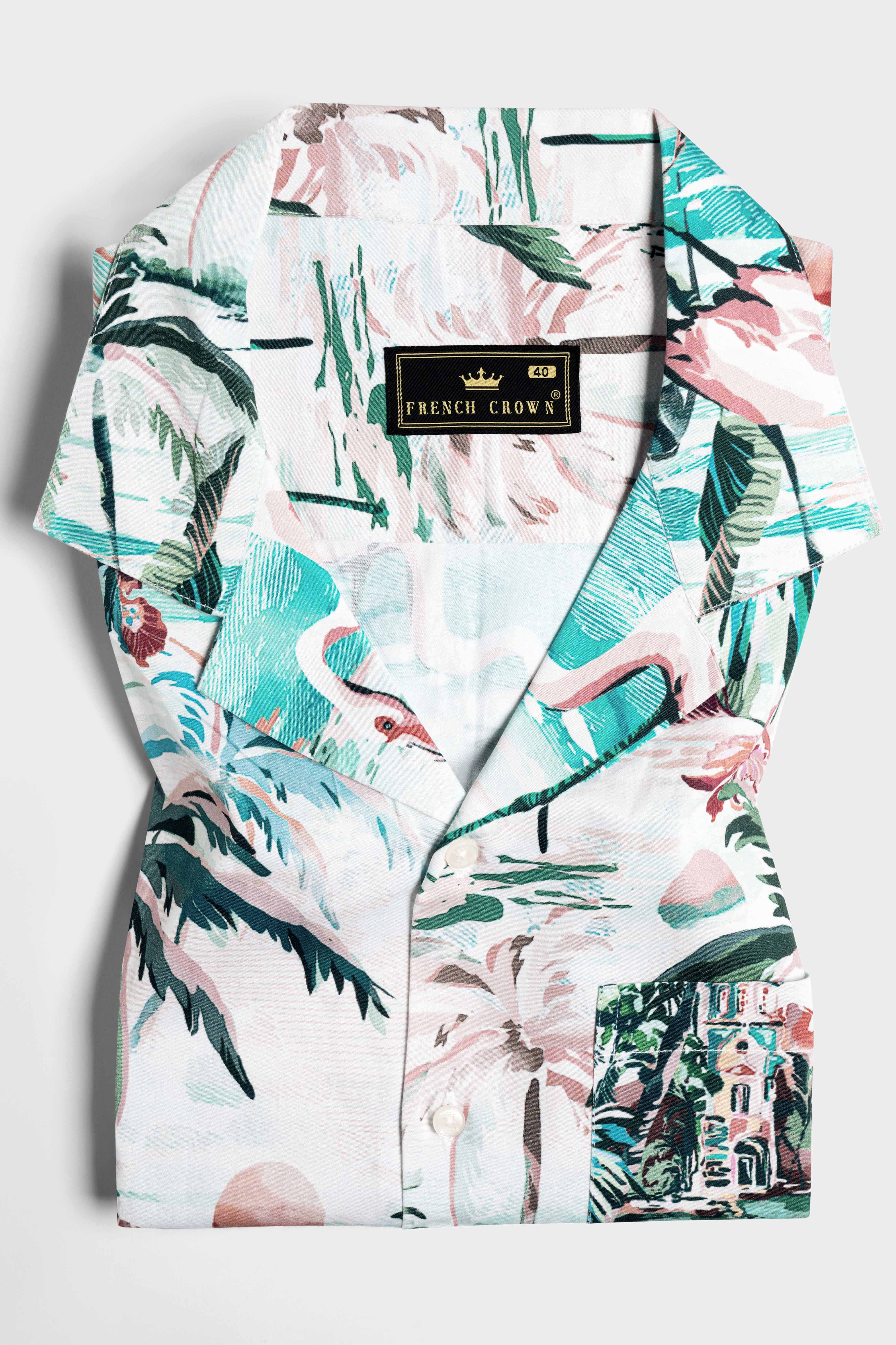 Bright White and William Green Multicolour Tropical Printed Subtle Sheen Super Soft Premium Cotton Designer Shirt 12182-CC-SS-38, 12182-CC-SS-39, 12182-CC-SS-40, 12182-CC-SS-42, 12182-CC-SS-44, 12182-CC-SS-46, 12182-CC-SS-48, 12182-CC-SS-50, 12182-CC-SS-52