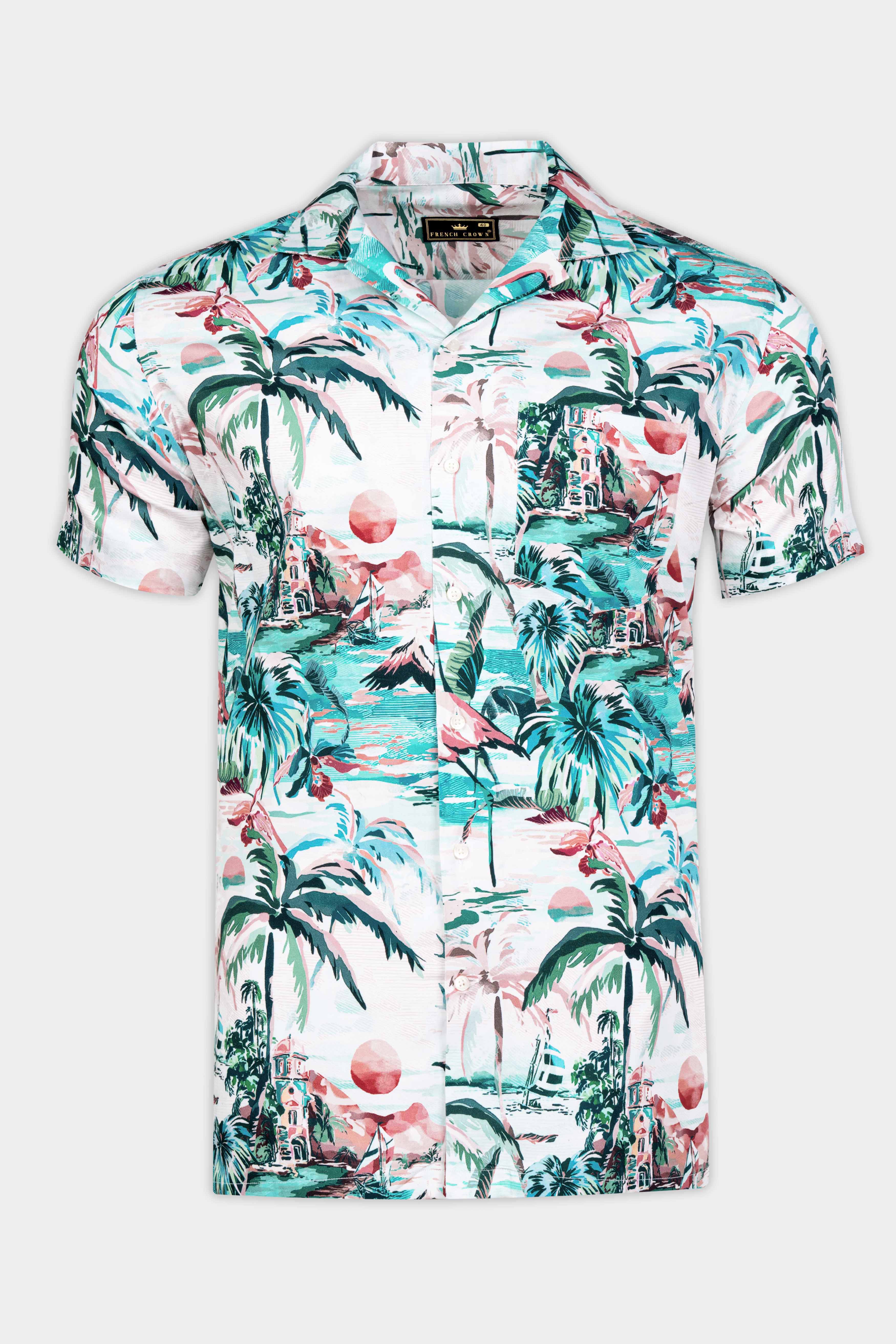Bright White and William Green Multicolour Tropical Printed Subtle Sheen Super Soft Premium Cotton Designer Shirt 12182-CC-SS-38, 12182-CC-SS-39, 12182-CC-SS-40, 12182-CC-SS-42, 12182-CC-SS-44, 12182-CC-SS-46, 12182-CC-SS-48, 12182-CC-SS-50, 12182-CC-SS-52
