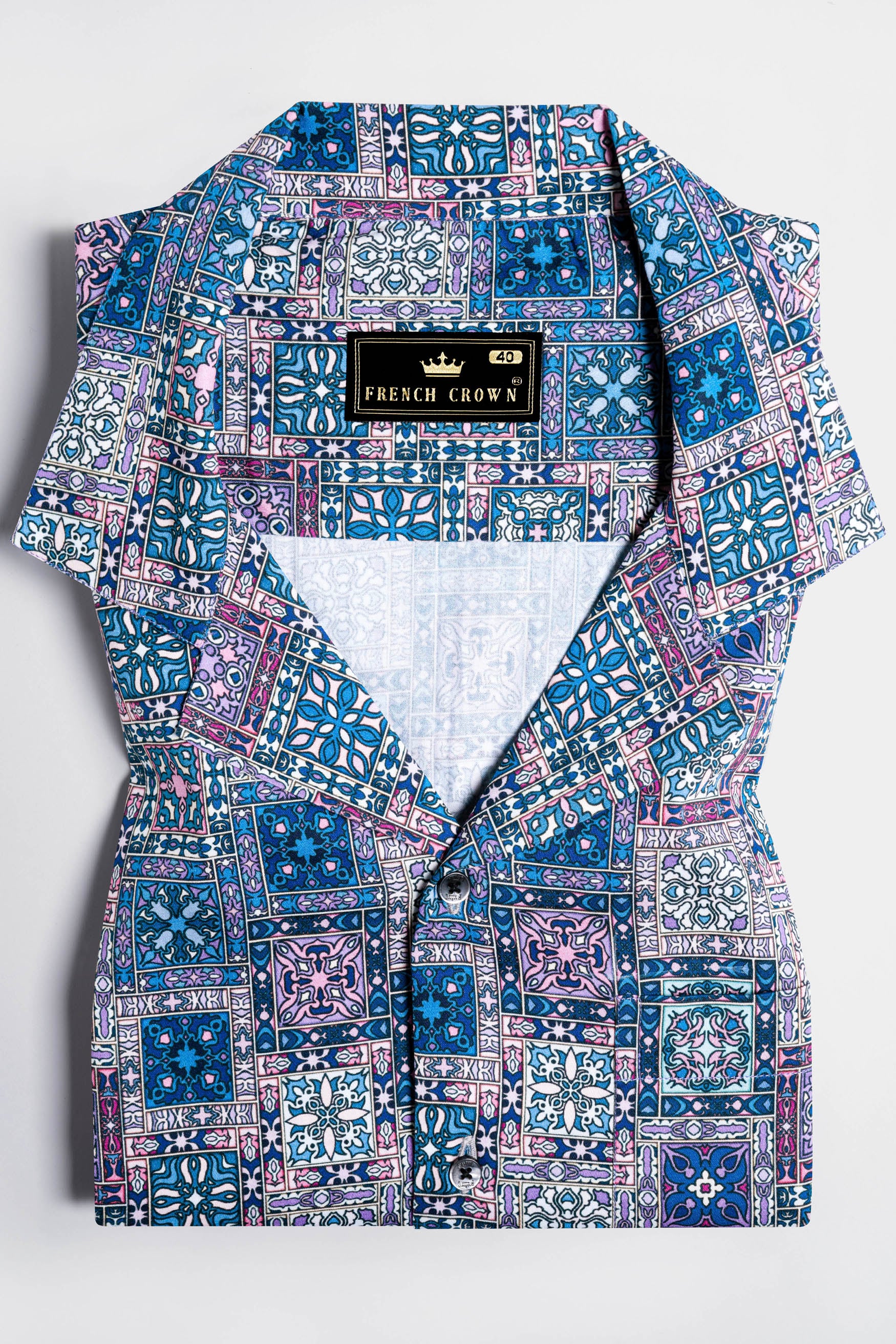 Regal Blue and Lilac Lavender Multicolour Tile Printed Subtle Sheen Super Soft Premium Cotton Designer Shirt 12186-CC-BLK-SS-38, 12186-CC-BLK-SS-39, 12186-CC-BLK-SS-40, 12186-CC-BLK-SS-42, 12186-CC-BLK-SS-44, 12186-CC-BLK-SS-46, 12186-CC-BLK-SS-48, 12186-CC-BLK-SS-50, 12186-CC-BLK-SS-52