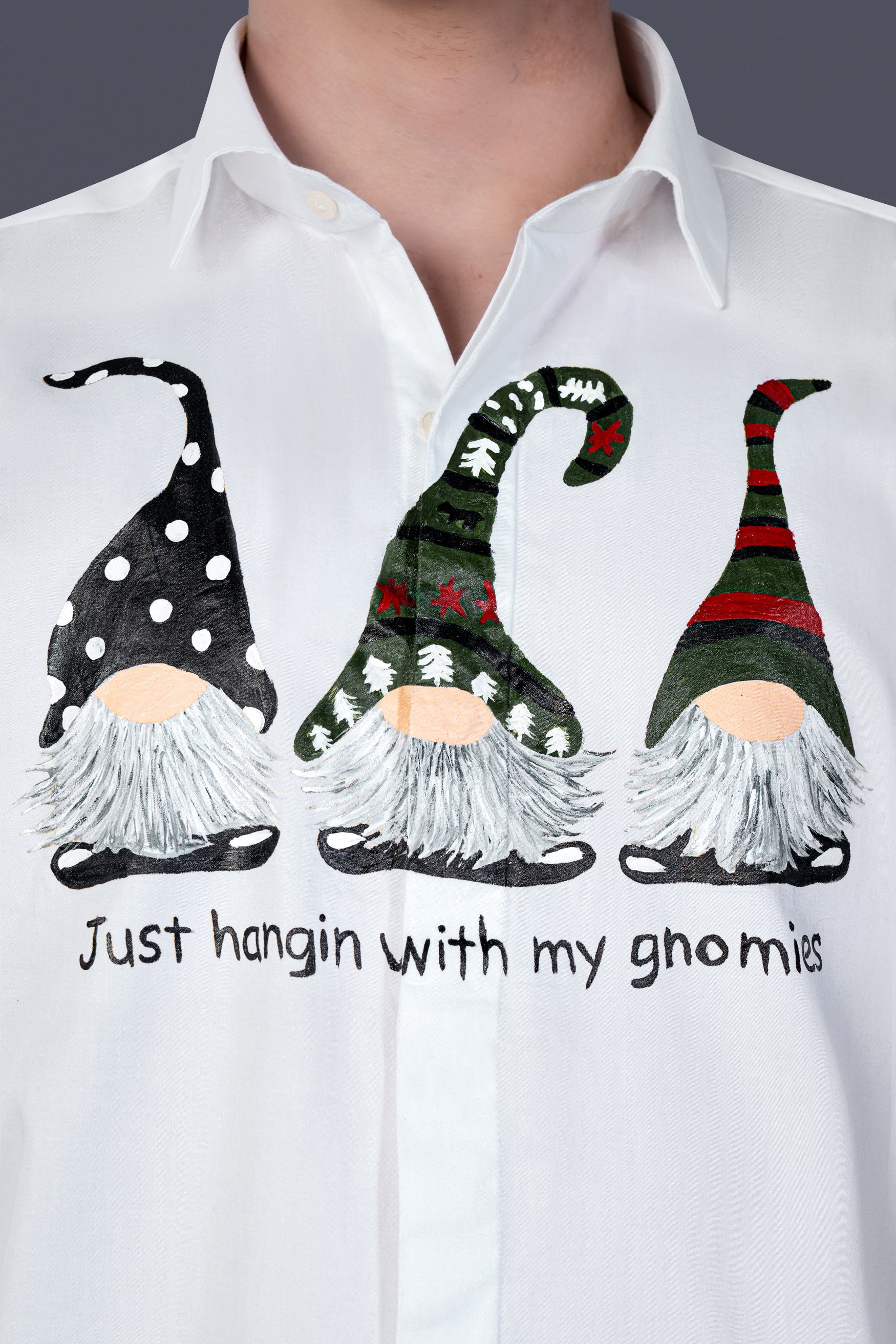 Bright White Christmas Gnomes Hand Painted Subtle Sheen Super Soft Premium Cotton Designer Shirt