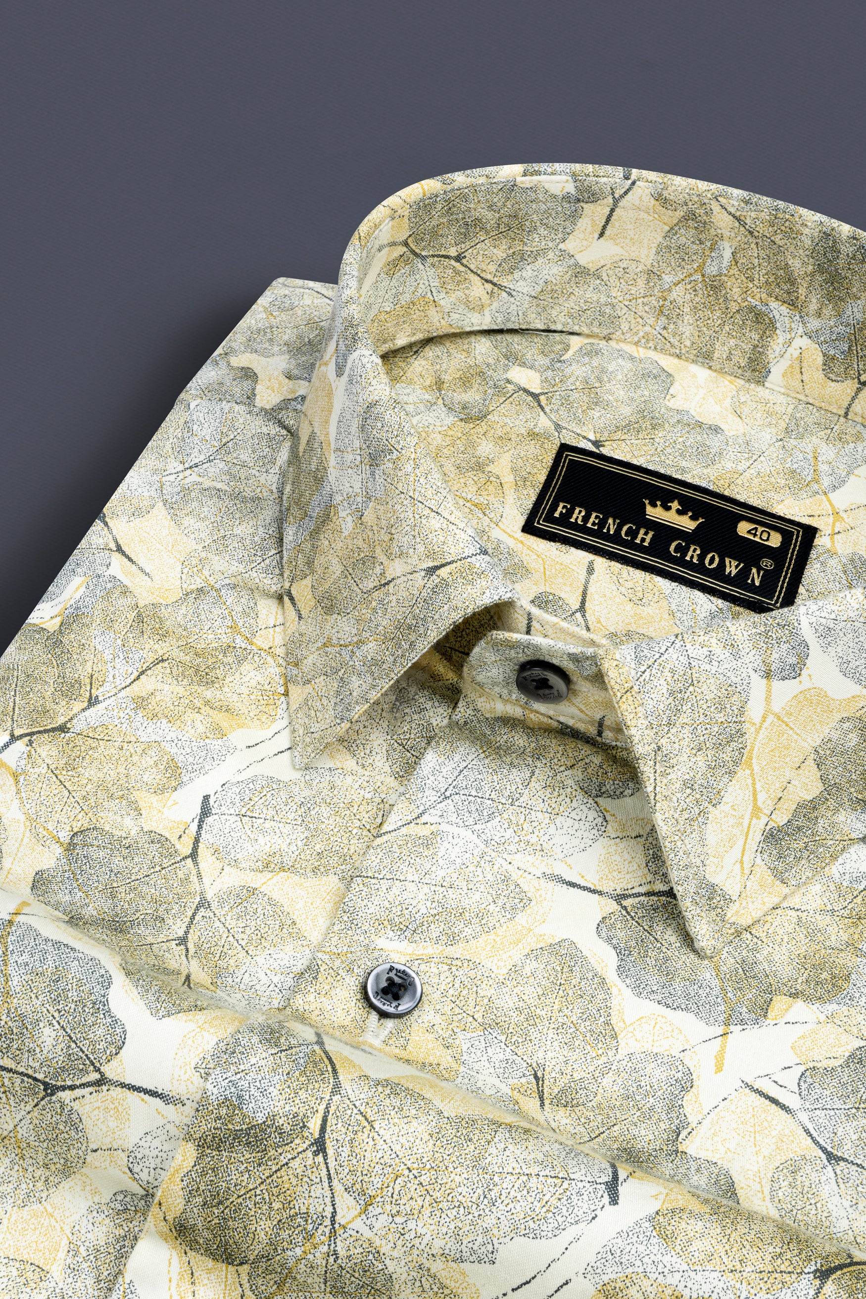 Putty Yellow Leaves Printed Subtle Sheen Super Soft Premium Cotton designer Shirt 12408-BLK-38, 12408-BLK-H-38, 12408-BLK-39, 12408-BLK-H-39, 12408-BLK-40, 12408-BLK-H-40, 12408-BLK-42, 12408-BLK-H-42, 12408-BLK-44, 12408-BLK-H-44, 12408-BLK-46, 12408-BLK-H-46, 12408-BLK-48, 12408-BLK-H-48, 12408-BLK-50, 12408-BLK-H-50, 12408-BLK-52, 12408-BLK-H-52