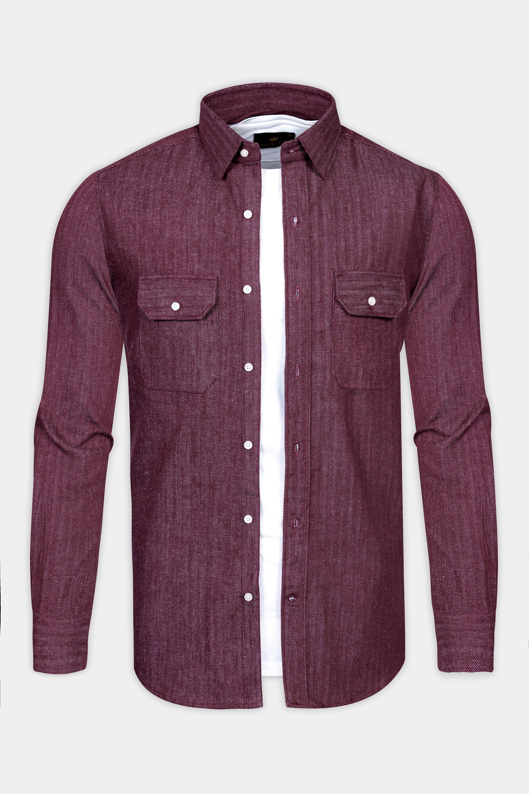 Wine Berry Red Heavyweight Herringbone Striped Premium Cotton Overshirt/shacket