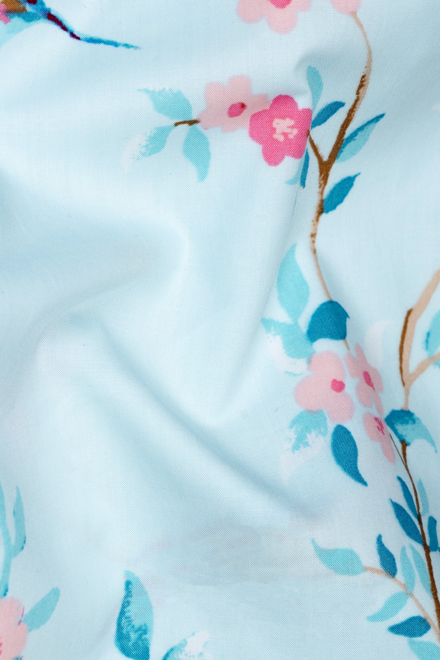Botticelli Blue with Oyster Pink Flowers and Sparrows Printed Super Soft Premium Cotton Shirt 12477-38, 12477-H-38, 12477-39, 12477-H-39, 12477-40, 12477-H-40, 12477-42, 12477-H-42, 12477-44, 12477-H-44, 12477-46, 12477-H-46, 12477-48, 12477-H-48, 12477-50, 12477-H-50, 12477-52, 12477-H-52