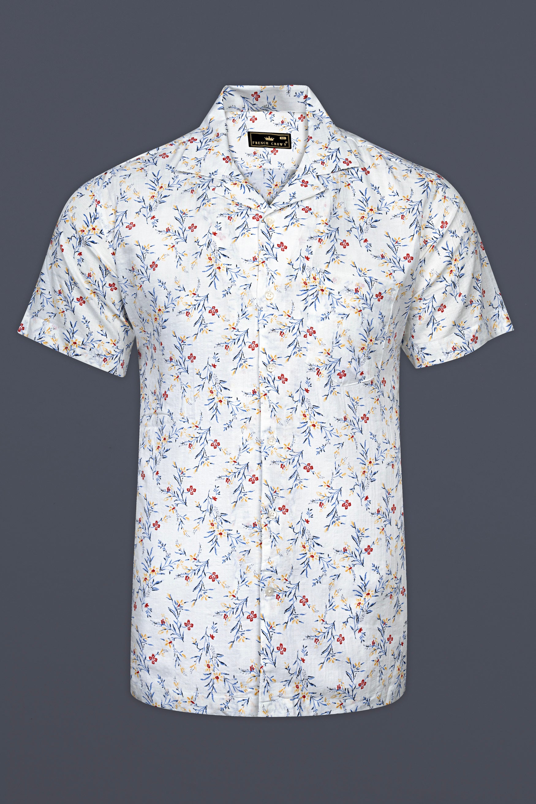 Bright White Flower Printed Lightweight Poplin Giza Cotton Shirt 12518-CC-SS-38,  12518-CC-SS-39,  12518-CC-SS-40,  12518-CC-SS-42,  12518-CC-SS-44,  12518-CC-SS-46,  12518-CC-SS-48,  12518-CC-SS-50,  12518-CC-SS-52