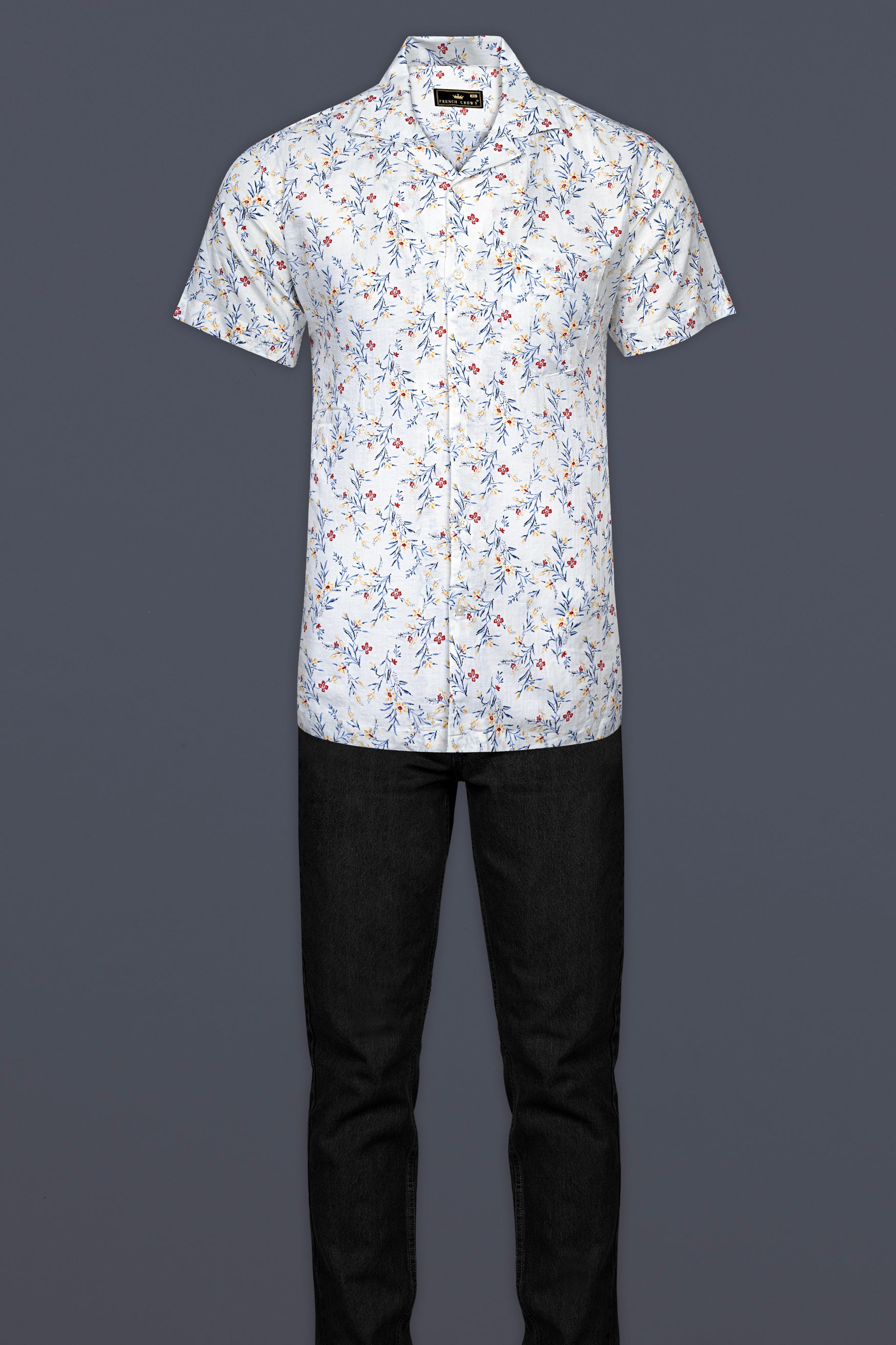 Bright White Flower Printed Lightweight Poplin Giza Cotton Shirt 12518-CC-SS-38,  12518-CC-SS-39,  12518-CC-SS-40,  12518-CC-SS-42,  12518-CC-SS-44,  12518-CC-SS-46,  12518-CC-SS-48,  12518-CC-SS-50,  12518-CC-SS-52