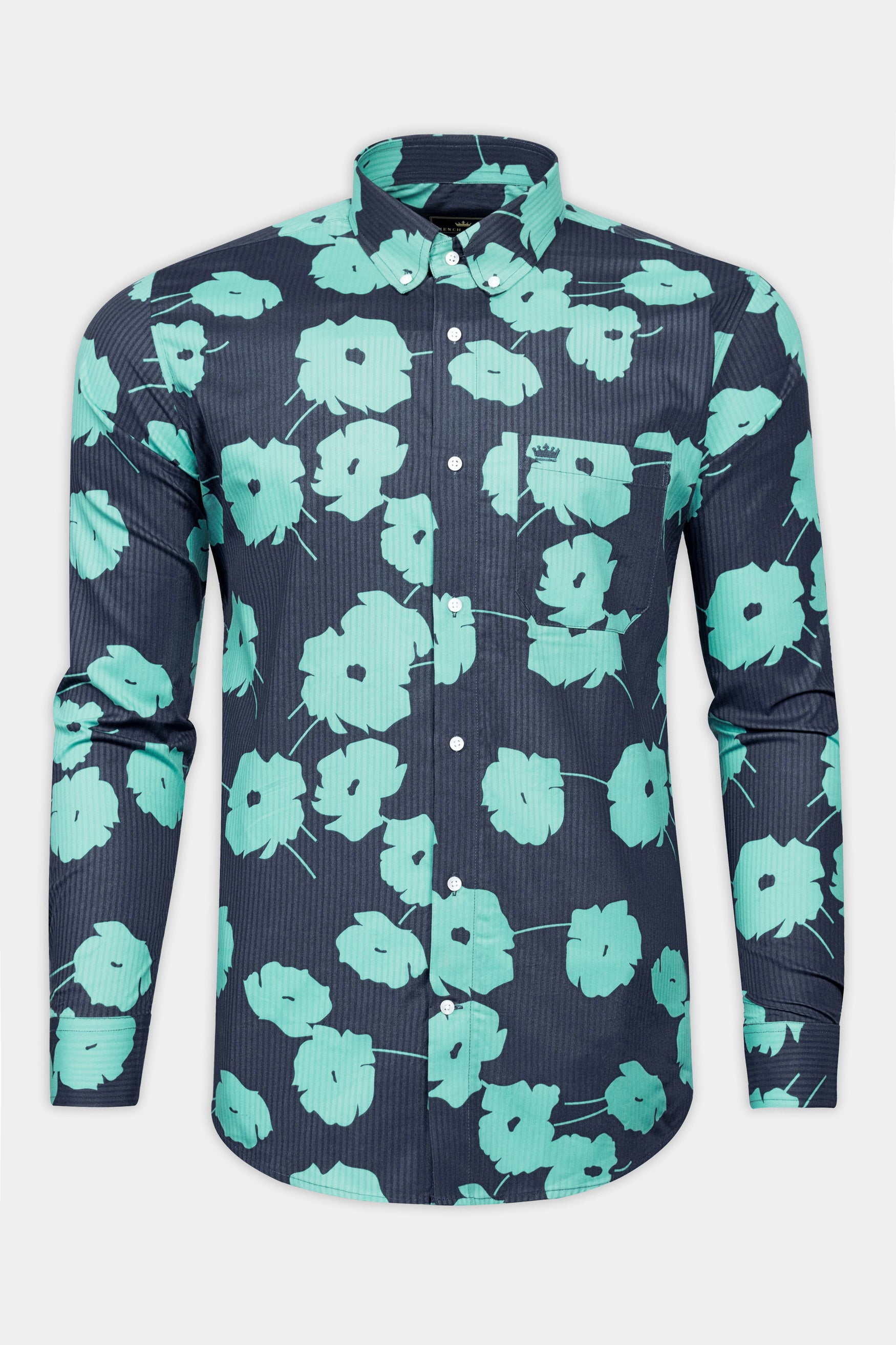 Fiord Blue with Tiffany Blue Flower Printed chambray denim shirt