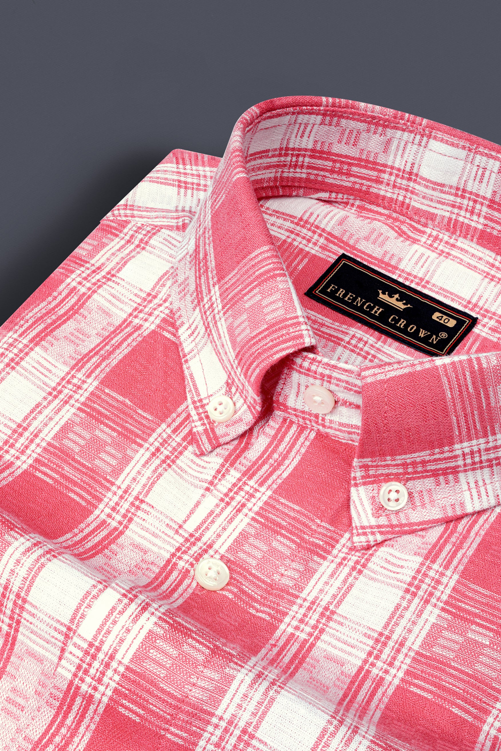 Rosy Pink and White Checks Plaid Dobby Textured Premium Giza Cotton Shirt