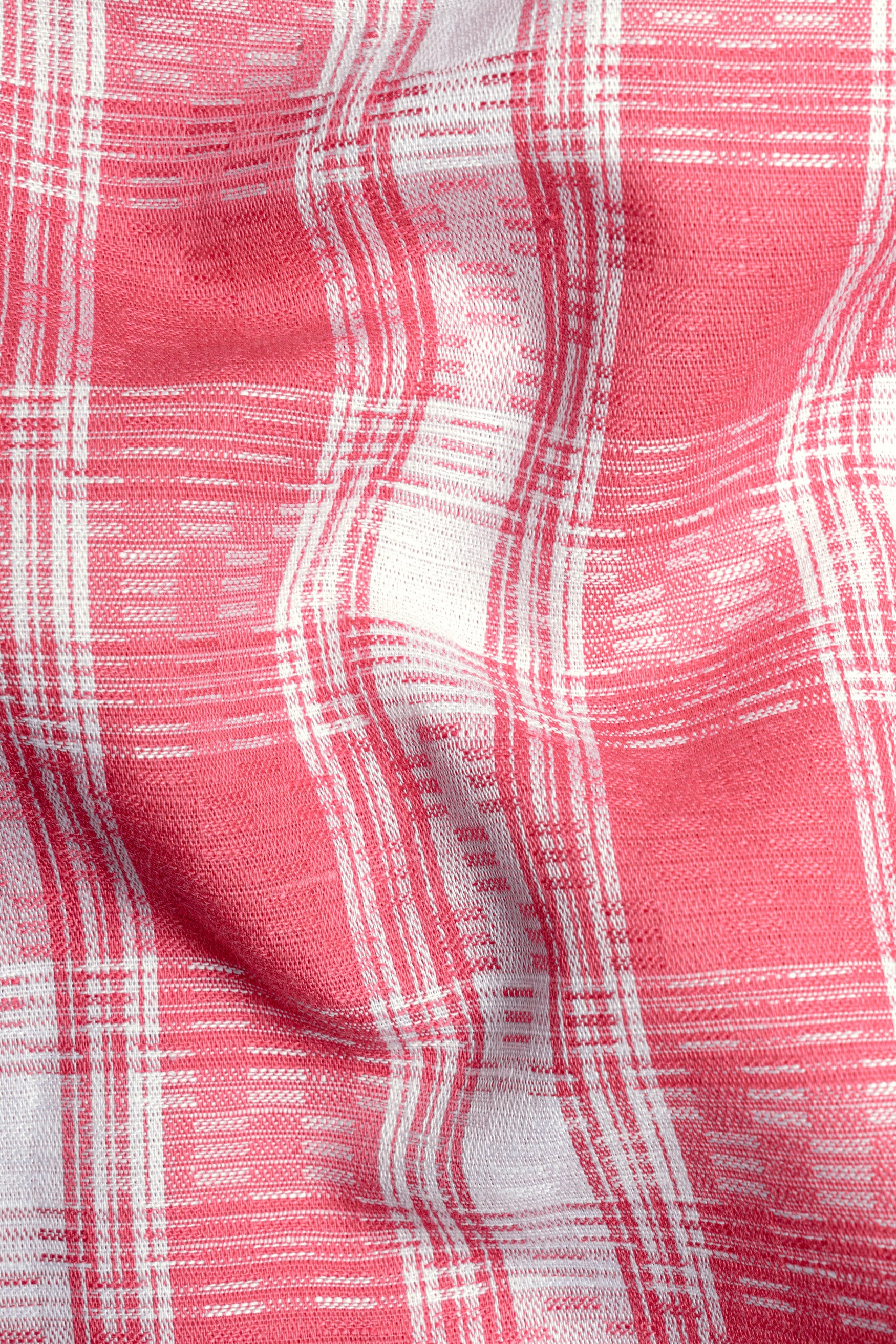 Rosy Pink and White Checks Plaid Dobby Textured Premium Giza Cotton Shirt