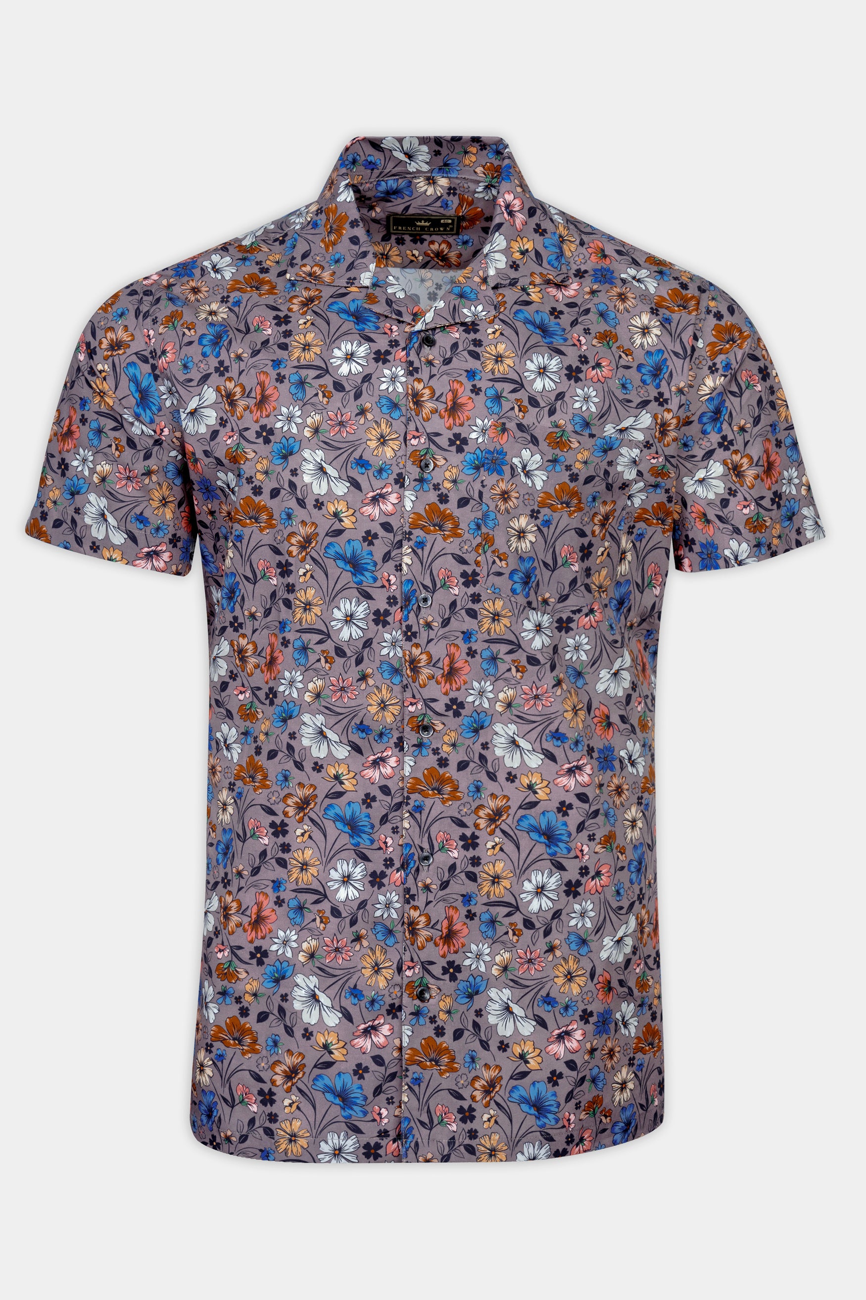 Mountbatten Gray with Multicolor Flower Printed Poplin Giza Cotton Shirt