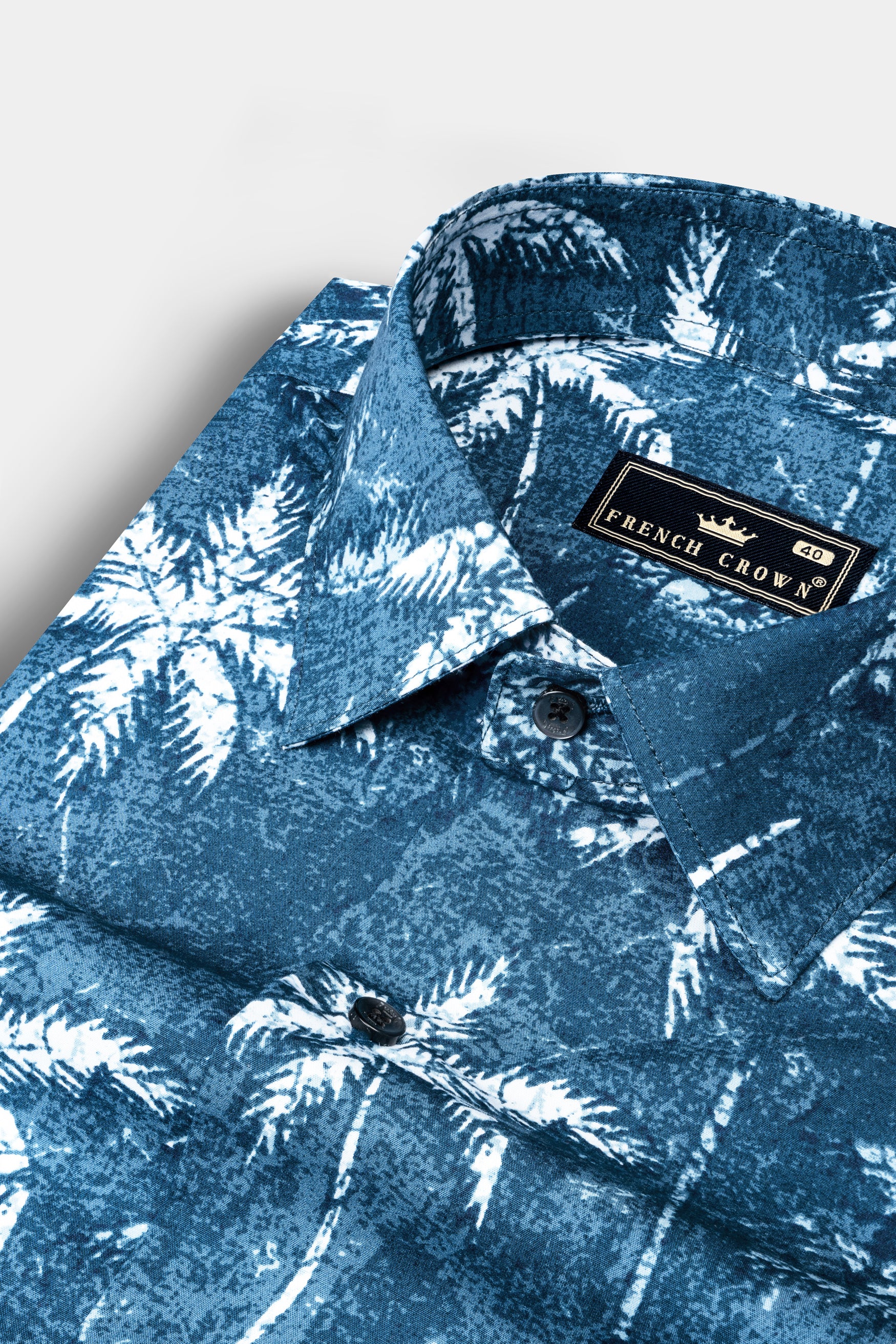 Calypso Blue with White Coconut Tree Printed Poplin Giza Cotton Shirt
