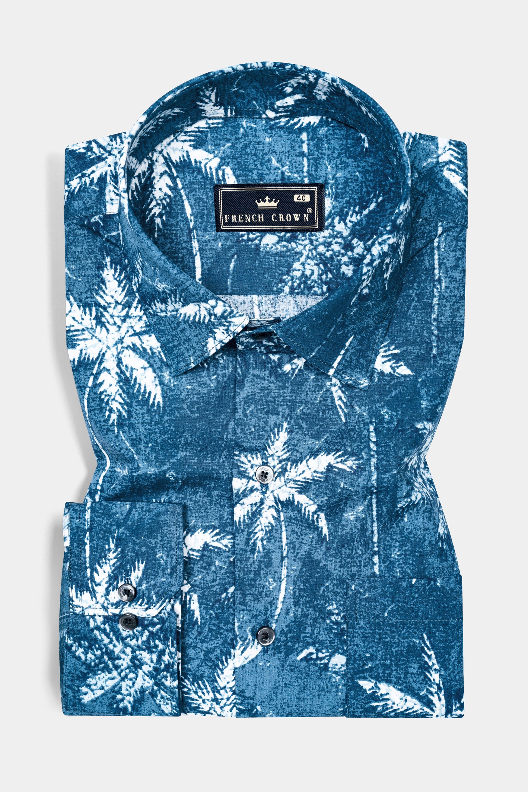 Calypso Blue with White Coconut Tree Printed Poplin Giza Cotton Shirt 12557-BLK-38,  12557-BLK-H-38,  12557-BLK-39,  12557-BLK-H-39,  12557-BLK-40,  12557-BLK-H-40,  12557-BLK-42,  12557-BLK-H-42,  12557-BLK-44,  12557-BLK-H-44,  12557-BLK-46,  12557-BLK-H-46,  12557-BLK-48,  12557-BLK-H-48,  12557-BLK-50,  12557-BLK-H-50,  12557-BLK-52,  12557-BLK-H-52
