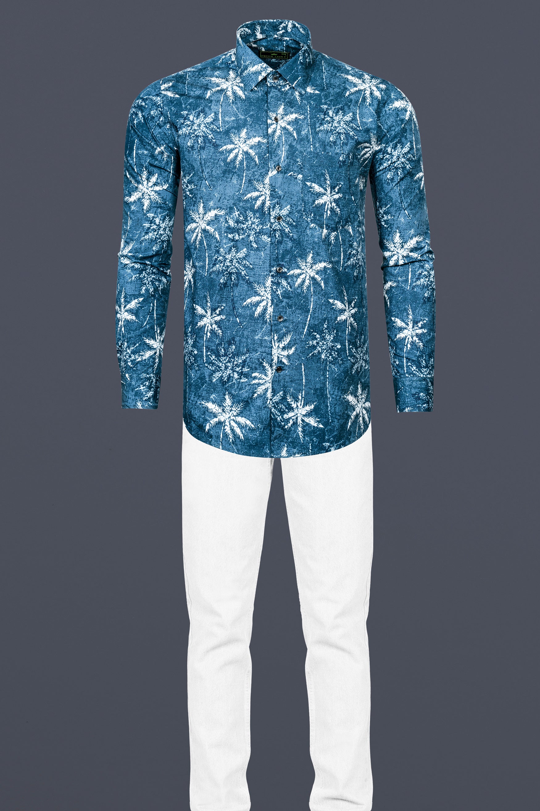 Calypso Blue with White Coconut Tree Printed Poplin Giza Cotton Shirt 12557-BLK-38,  12557-BLK-H-38,  12557-BLK-39,  12557-BLK-H-39,  12557-BLK-40,  12557-BLK-H-40,  12557-BLK-42,  12557-BLK-H-42,  12557-BLK-44,  12557-BLK-H-44,  12557-BLK-46,  12557-BLK-H-46,  12557-BLK-48,  12557-BLK-H-48,  12557-BLK-50,  12557-BLK-H-50,  12557-BLK-52,  12557-BLK-H-52