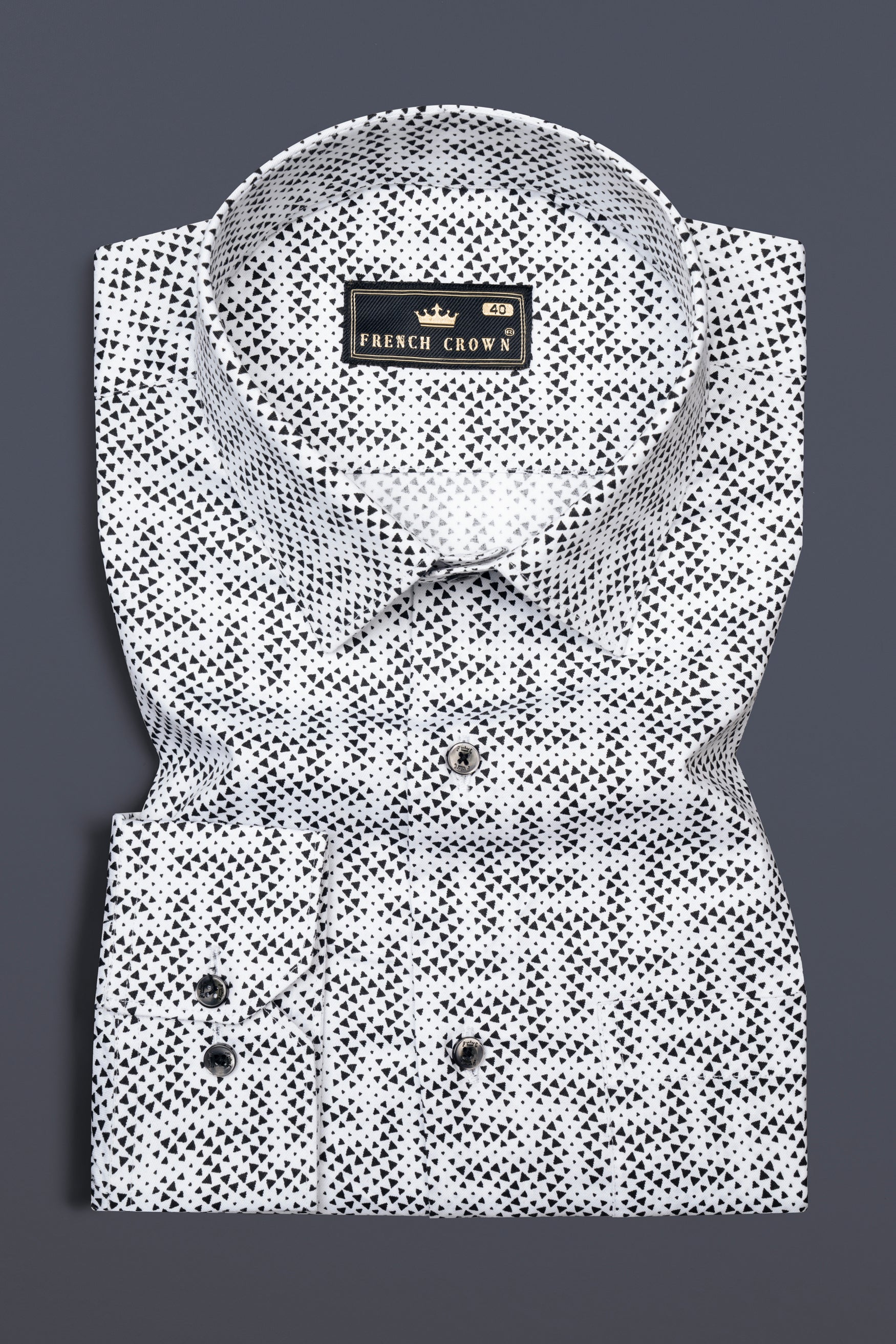 Classic White with Black Flocked Triangle Printed Super Soft Premium Cotton Shirt 12608-BLK-38,  12608-BLK-H-38,  12608-BLK-39,  12608-BLK-H-39,  12608-BLK-40,  12608-BLK-H-40,  12608-BLK-42,  12608-BLK-H-42,  12608-BLK-44,  12608-BLK-H-44,  12608-BLK-46,  12608-BLK-H-46,  12608-BLK-48,  12608-BLK-H-48,  12608-BLK-50,  12608-BLK-H-50,  12608-BLK-52,  12608-BLK-H-52