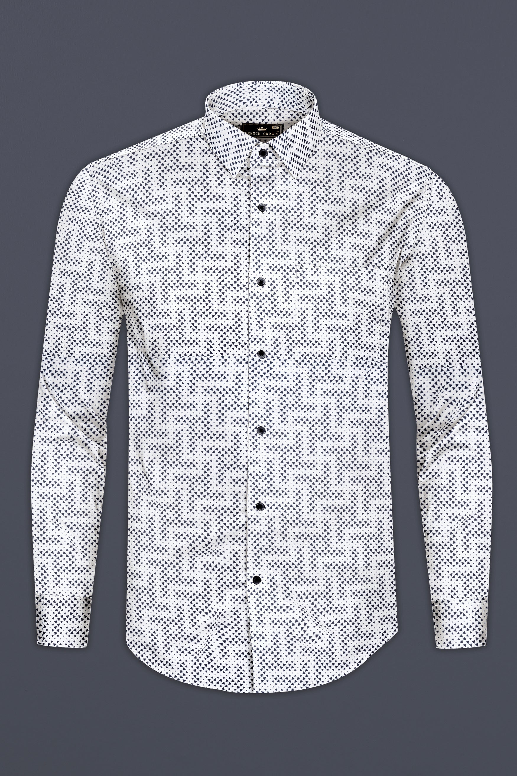 Classic White with Black Flocked Triangle Printed Super Soft Premium Cotton Shirt 12608-BLK-38,  12608-BLK-H-38,  12608-BLK-39,  12608-BLK-H-39,  12608-BLK-40,  12608-BLK-H-40,  12608-BLK-42,  12608-BLK-H-42,  12608-BLK-44,  12608-BLK-H-44,  12608-BLK-46,  12608-BLK-H-46,  12608-BLK-48,  12608-BLK-H-48,  12608-BLK-50,  12608-BLK-H-50,  12608-BLK-52,  12608-BLK-H-52