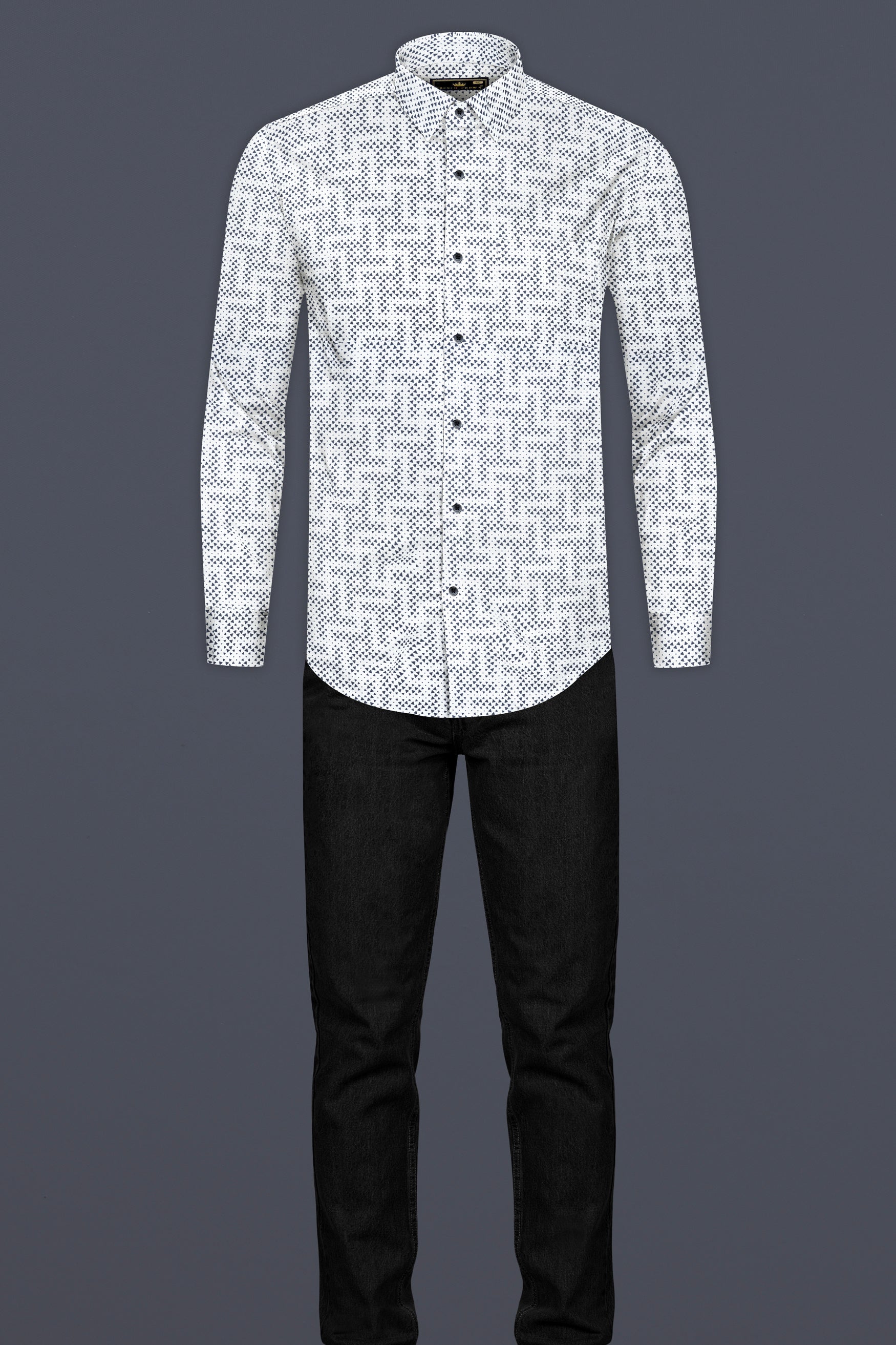 Classic White with Black Flocked Triangle Printed Super Soft Premium Cotton Shirt 12608-BLK-38,  12608-BLK-H-38,  12608-BLK-39,  12608-BLK-H-39,  12608-BLK-40,  12608-BLK-H-40,  12608-BLK-42,  12608-BLK-H-42,  12608-BLK-44,  12608-BLK-H-44,  12608-BLK-46,  12608-BLK-H-46,  12608-BLK-48,  12608-BLK-H-48,  12608-BLK-50,  12608-BLK-H-50,  12608-BLK-52,  12608-BLK-H-52