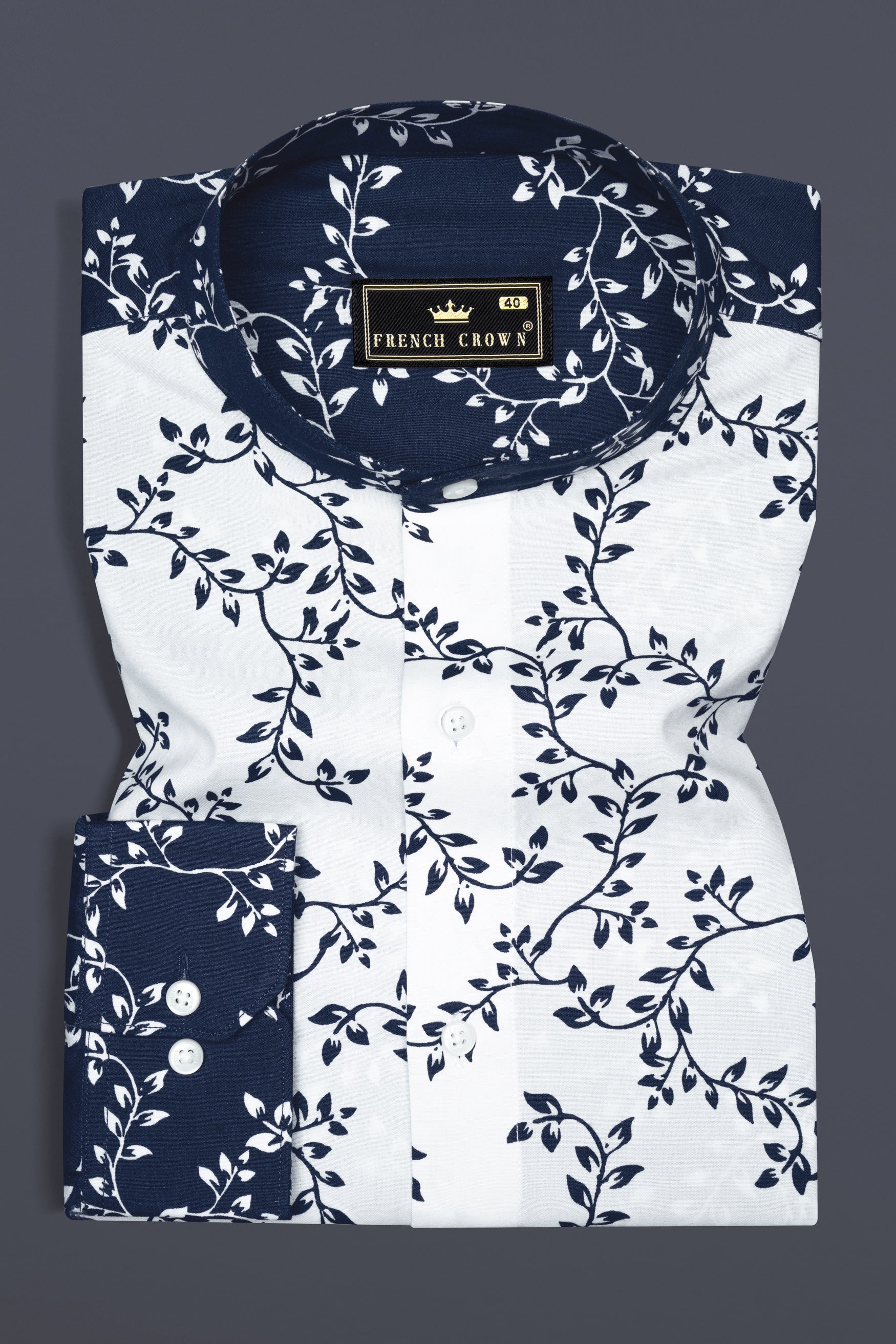 Bright White and Mirage Blue Leaves Printed Poplin Giza Cotton Shirt