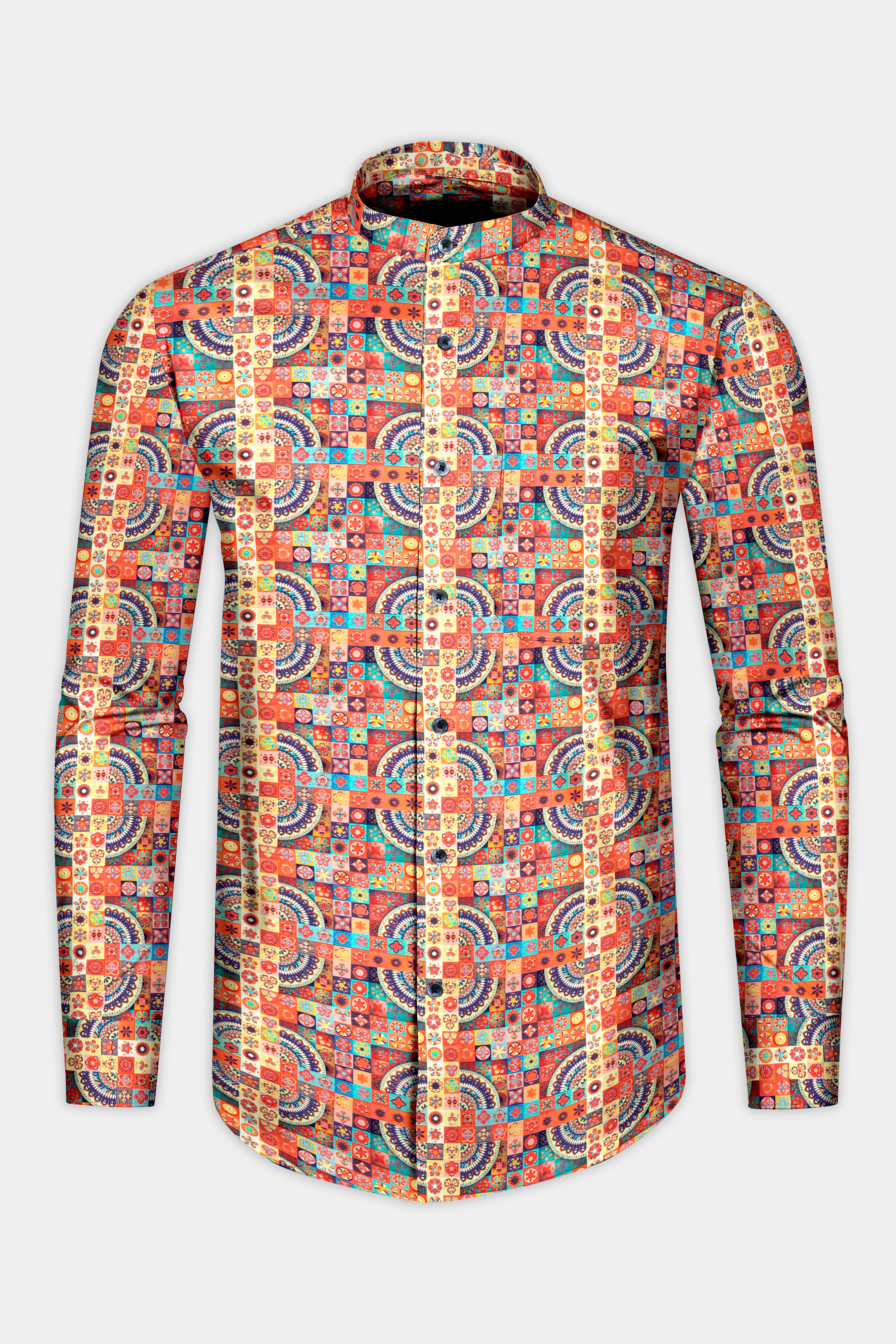 Sunrise Orange Multicolour Geometric Printed Super Soft Premium Cotton Shirt