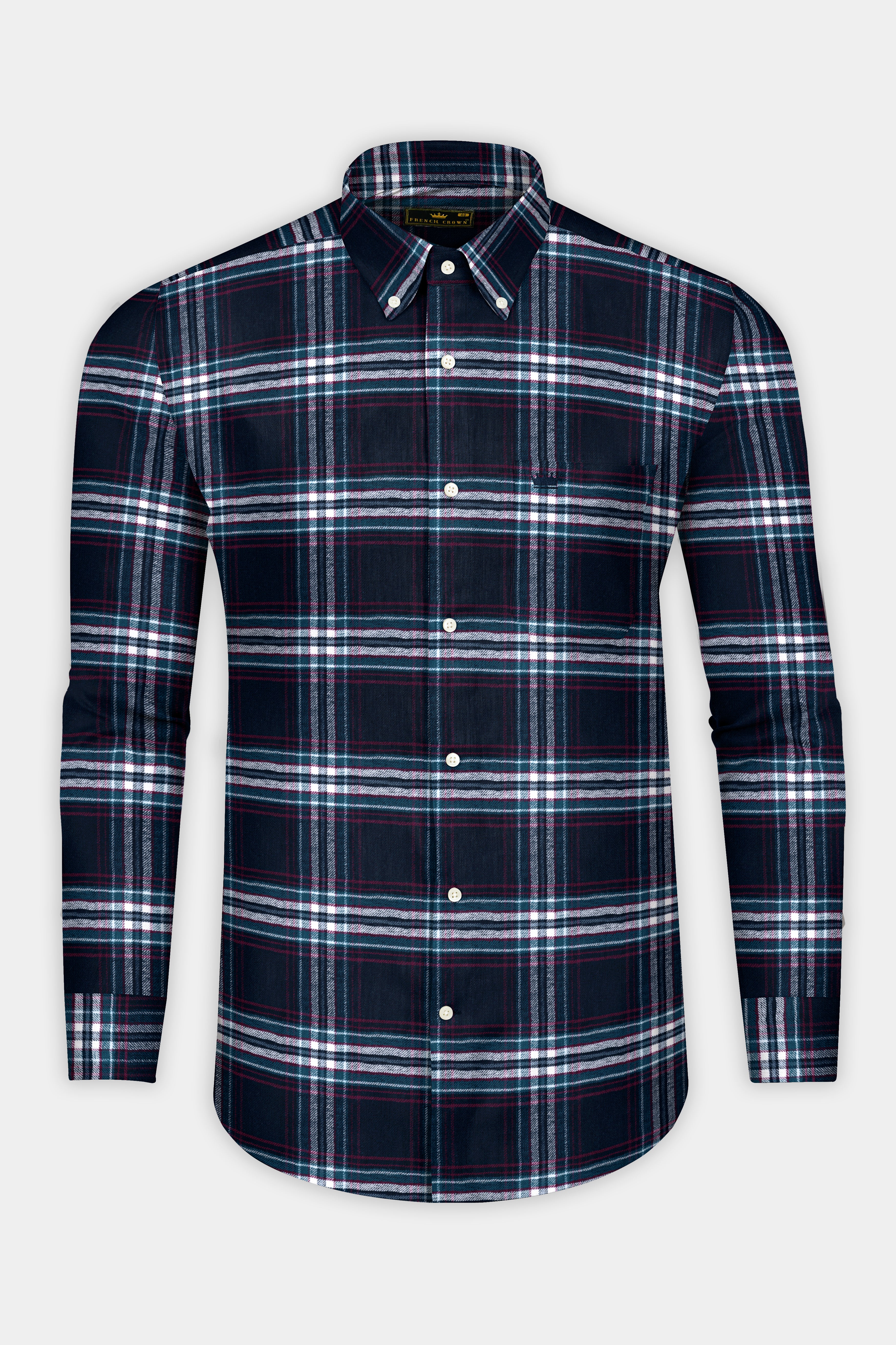 Dark Charcoal Blue with Astronaut Blue and White Plaid Flannel Shirt
