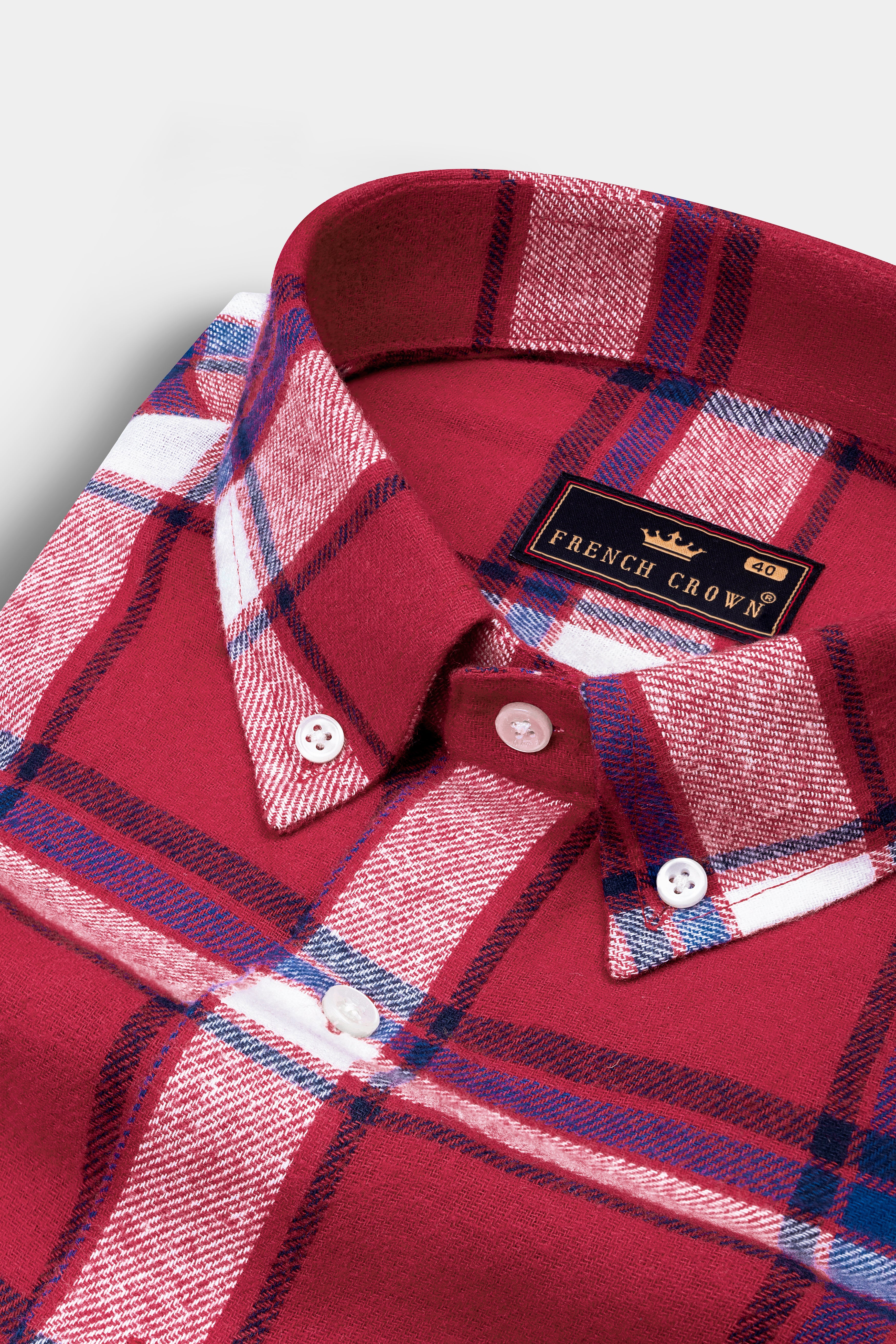 Vivid Auburn Red with Downriver Blue and White Plaid Flannel shirt