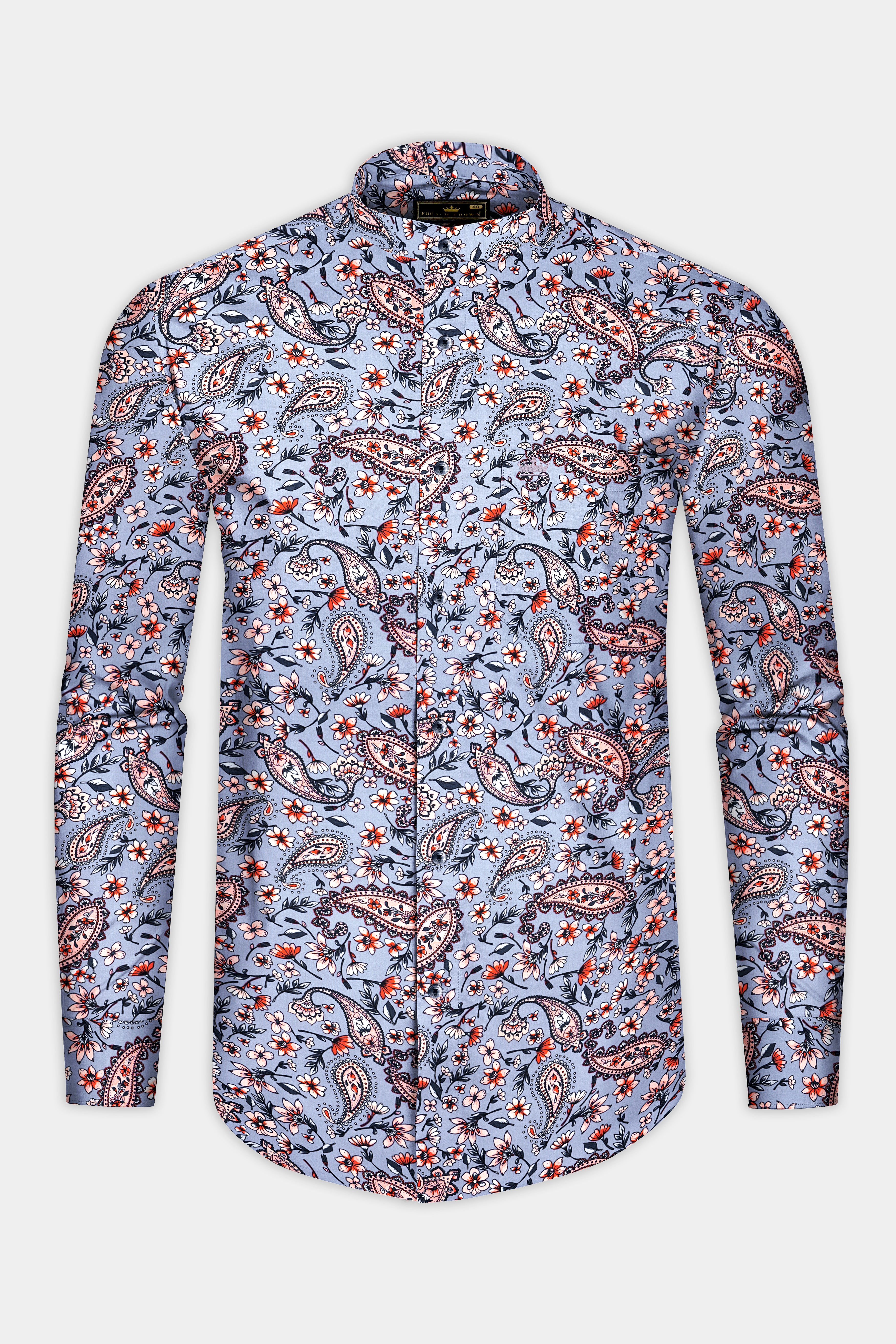 Bluish Gray Multicolour Paisley Printed Poplin Giza Cotton Shirt