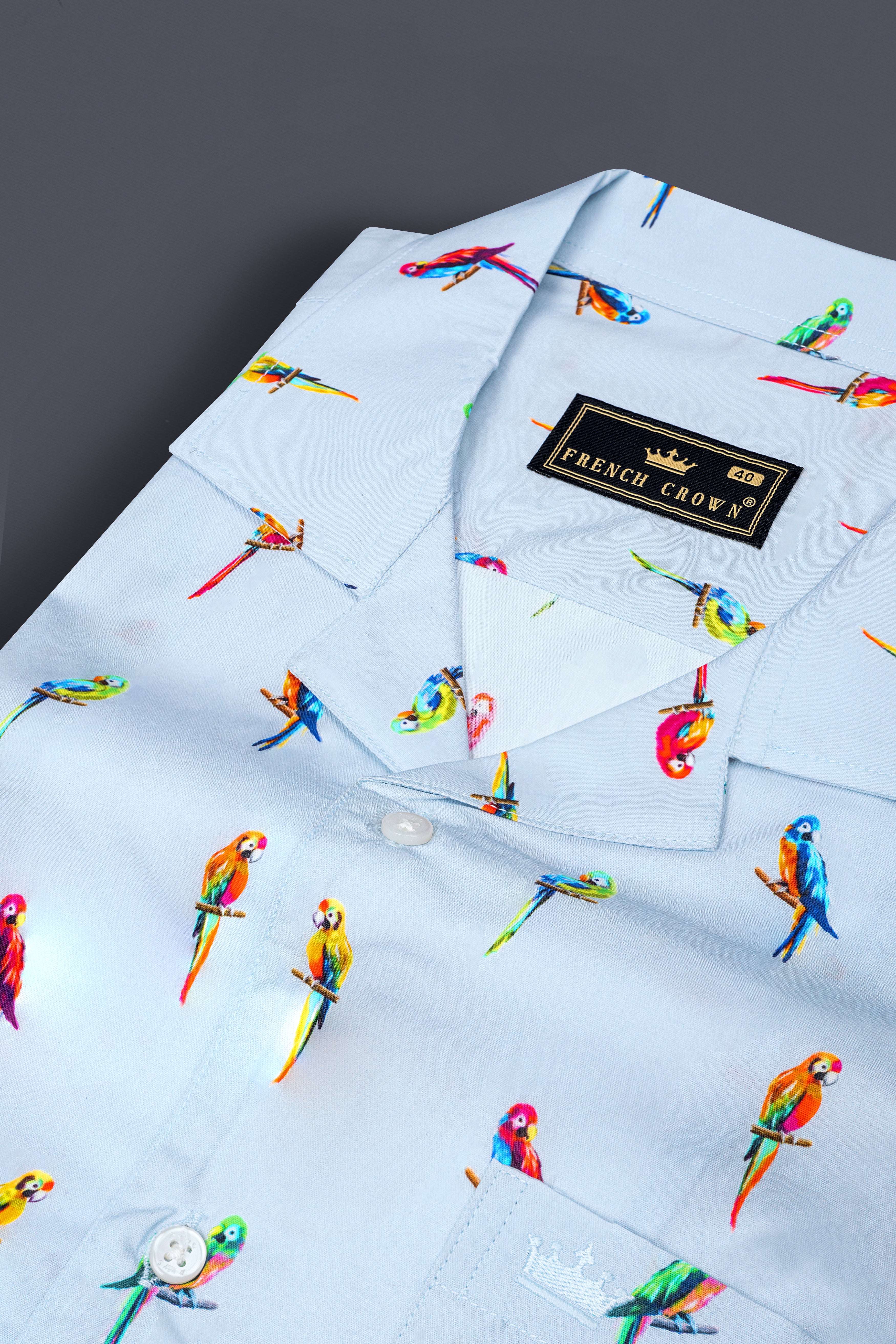 Spindle Blue Multicolor Parrots Printed Poplin Cotton Shirt 12682-CC-SS-38, 12682-CC-SS-H-38, 12682-CC-SS-39, 12682-CC-SS-H-39, 12682-CC-SS-40, 12682-CC-SS-H-40, 12682-CC-SS-42, 12682-CC-SS-H-42, 12682-CC-SS-44, 12682-CC-SS-H-44, 12682-CC-SS-46, 12682-CC-SS-H-46, 12682-CC-SS-48, 12682-CC-SS-H-48, 12682-CC-SS-50, 12682-CC-SS-H-50, 12682-CC-SS-52, 12682-CC-SS-H-52