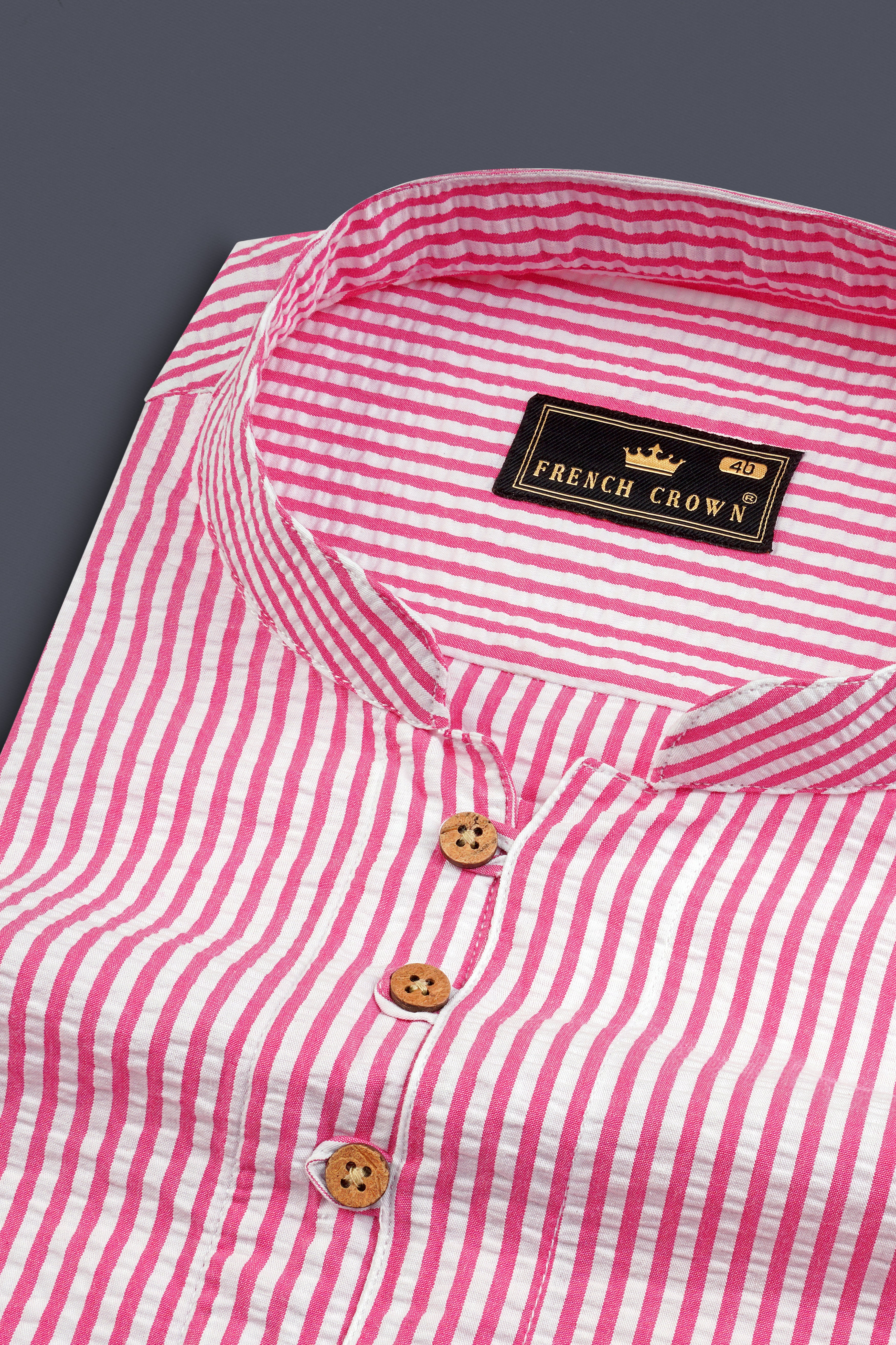 Raspberry Pink with Vista White Striped Seersucker Giza Cotton Kurta Shirt 12784-KS-38, 12784-KS-H-38, 12784-KS-39, 12784-KS-H-39, 12784-KS-40, 12784-KS-H-40, 12784-KS-42, 12784-KS-H-42, 12784-KS-44, 12784-KS-H-44, 12784-KS-46, 12784-KS-H-46, 12784-KS-48, 12784-KS-H-48, 12784-KS-50, 12784-KS-H-50, 12784-KS-52, 12784-KS-H-52