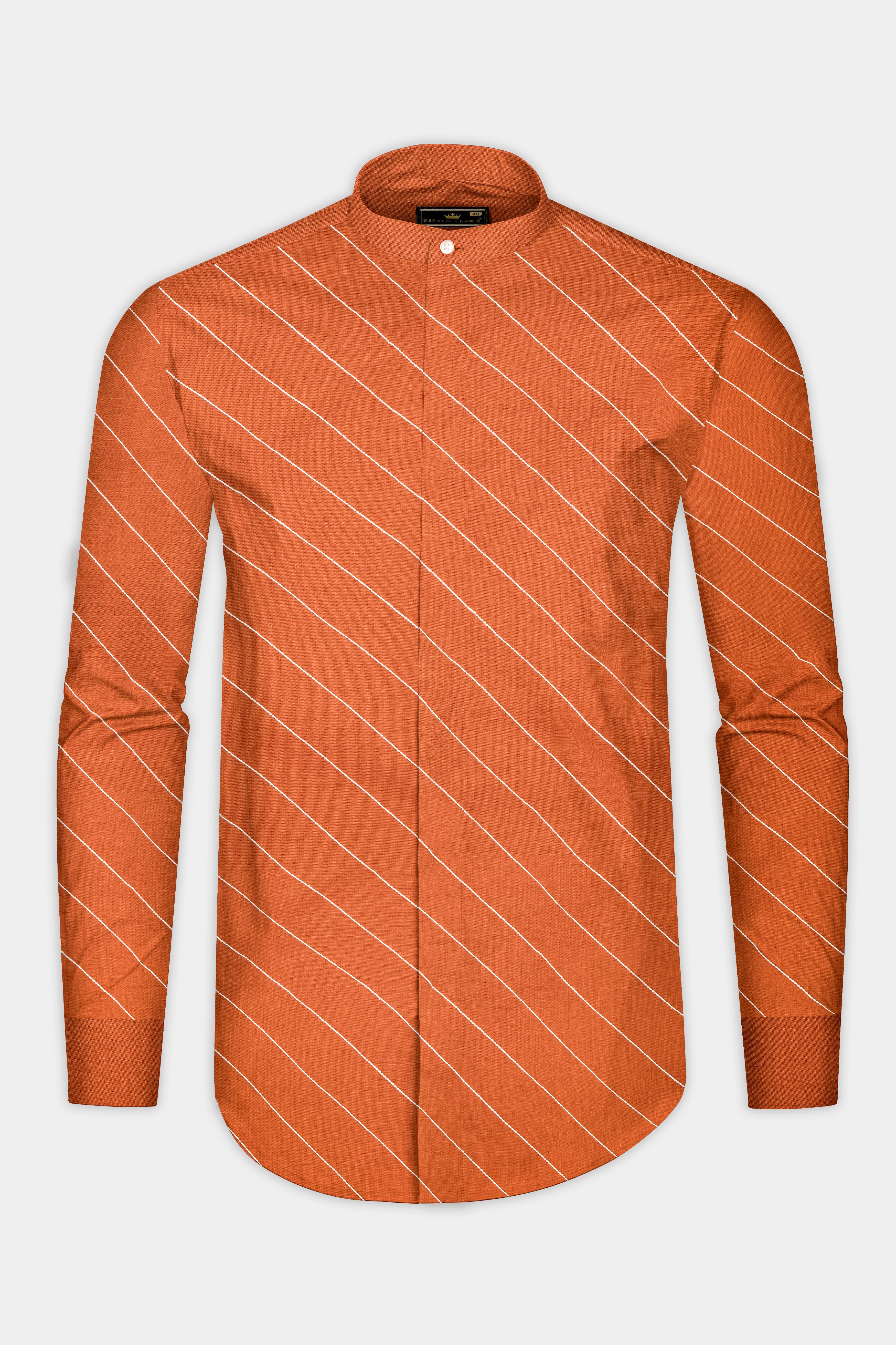 Sunrise Orange Cross Striped Luxurious Linen Shirt 12803-M-38, 12803-M-H-38, 12803-M-39, 12803-M-H-39, 12803-M-40, 12803-M-H-40, 12803-M-42, 12803-M-H-42, 12803-M-44, 12803-M-H-44, 12803-M-46, 12803-M-H-46, 12803-M-48, 12803-M-H-48, 12803-M-50, 12803-M-H-50, 12803-M-52, 12803-M-H-52