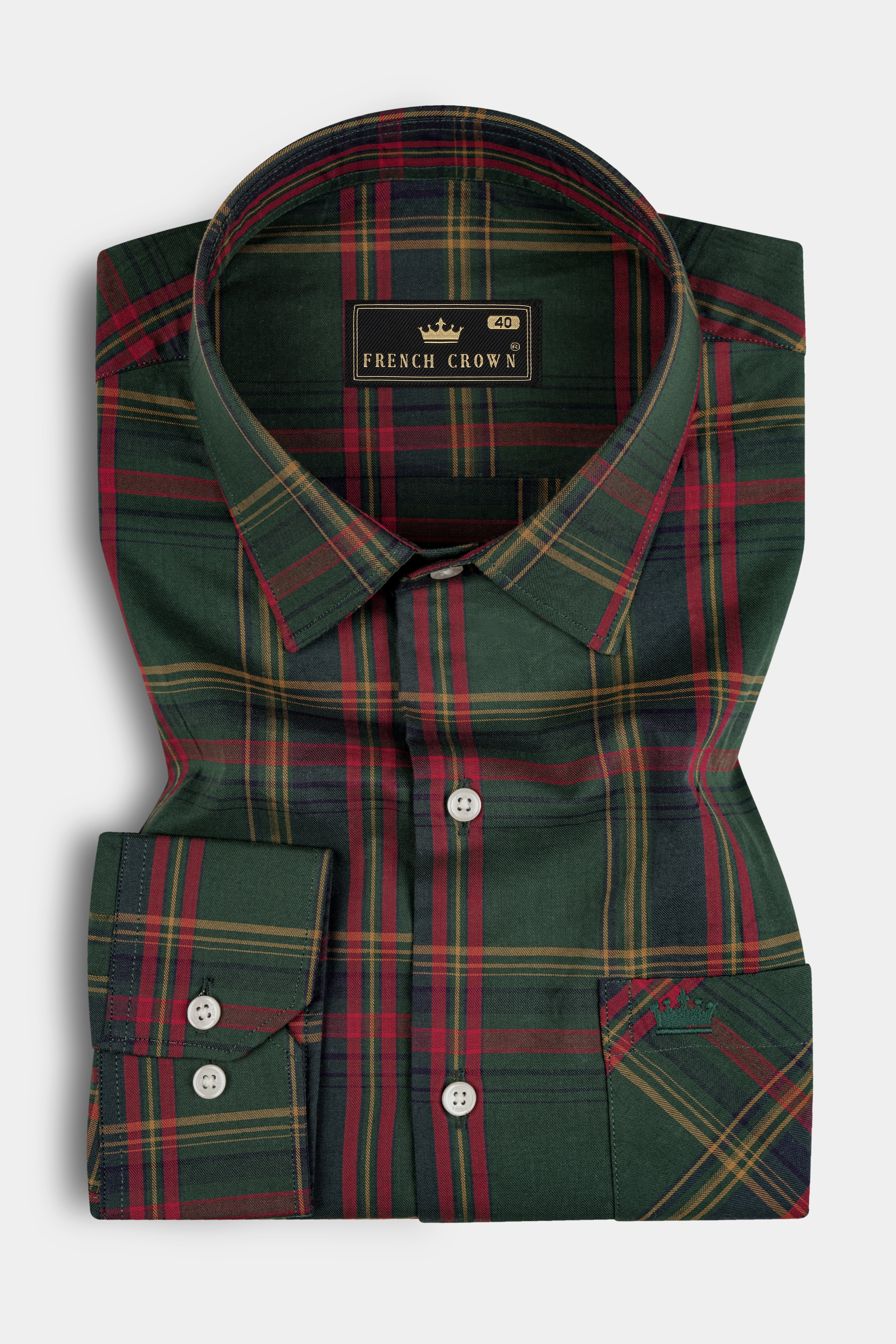 Mineral Green With Lotus Red Plaid Twill Cotton Shirt 12804-38, 12804-H-38, 12804-39, 12804-H-39, 12804-40, 12804-H-40, 12804-42, 12804-H-42, 12804-44, 12804-H-44, 12804-46, 12804-H-46, 12804-48, 12804-H-48, 12804-50, 12804-H-50, 12804-52, 12804-H-52