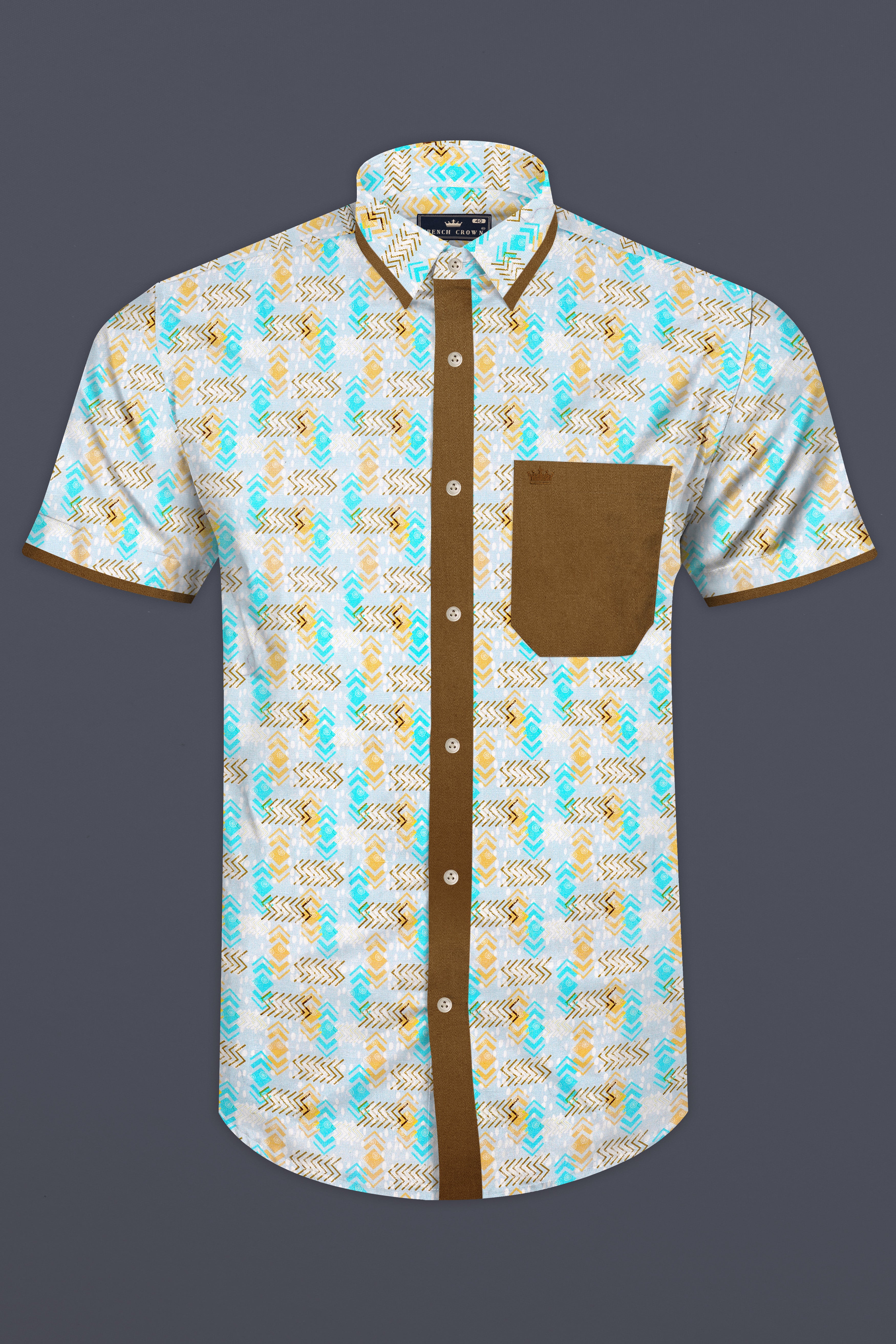 Blizzard Blue And Rope Brown Printed Luxurious Linen Designer Shirt