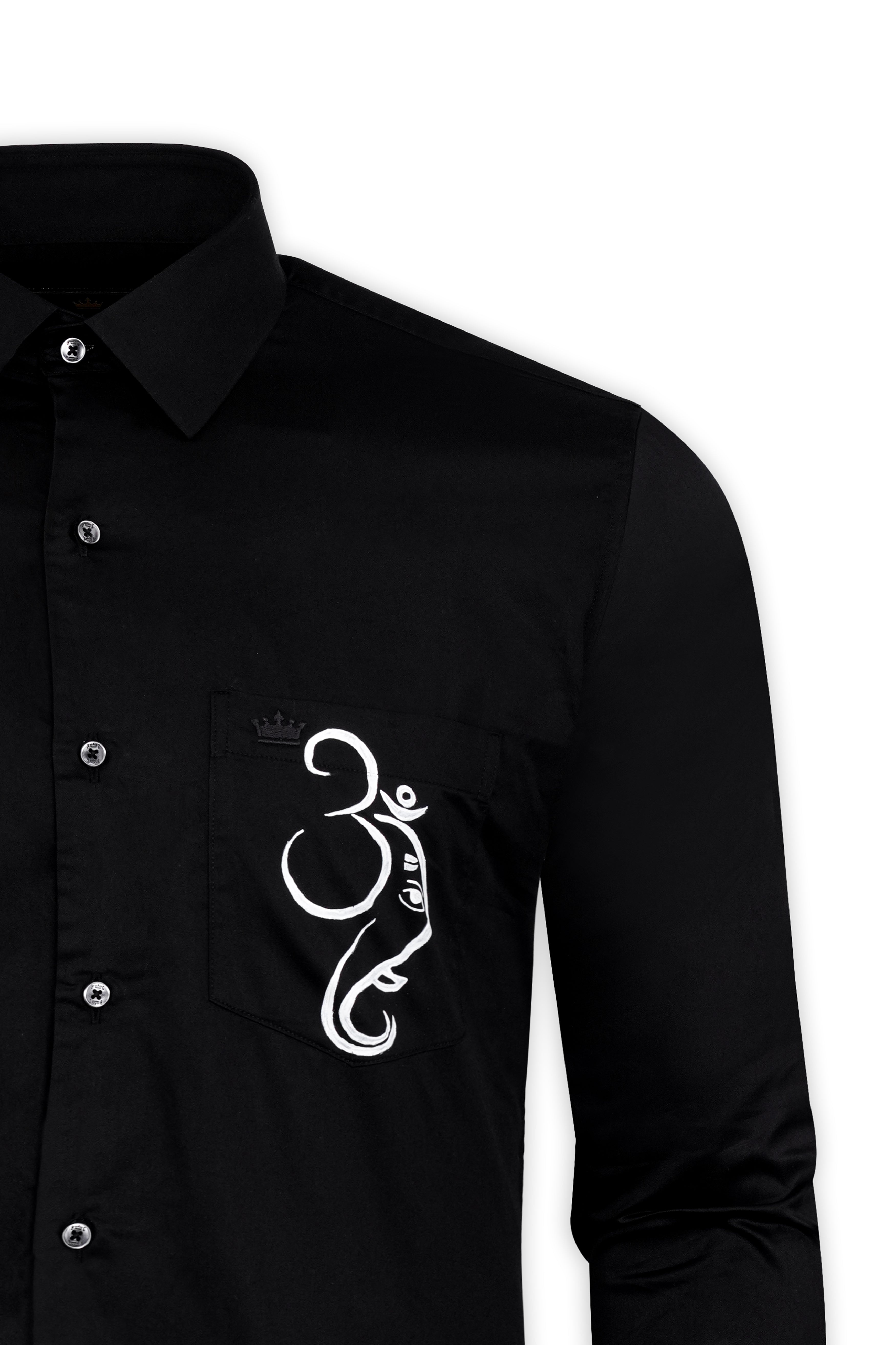 Jade Black with OM and Lord Ganesh Hand Painted Subtle Sheen Super Soft Premium Cotton Designer Shirt 1312-BLK-ART05-38, 1312-BLK-ART05-H-38, 1312-BLK-ART05-39, 1312-BLK-ART05-H-39, 1312-BLK-ART05-40, 1312-BLK-ART05-H-40, 1312-BLK-ART05-42, 1312-BLK-ART05-H-42, 1312-BLK-ART05-44, 1312-BLK-ART05-H-44, 1312-BLK-ART05-46, 1312-BLK-ART05-H-46, 1312-BLK-ART05-48, 1312-BLK-ART05-H-48, 1312-BLK-ART05-50, 1312-BLK-ART05-H-50, 1312-BLK-ART05-52, 1312-BLK-ART05-H-52