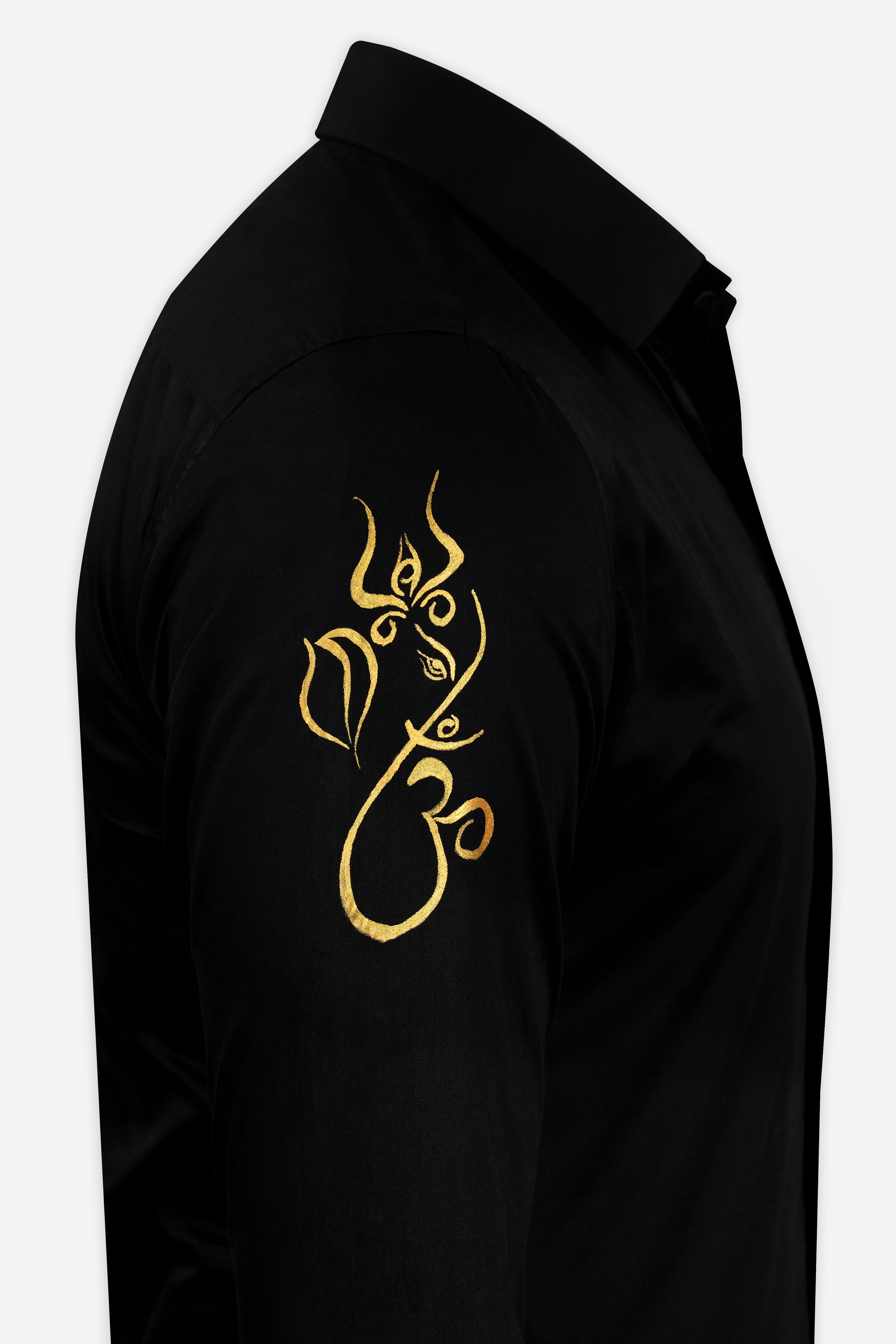 Jade Black with Lord Ganesh and OM Hand Painted Subtle Sheen Super Soft Premium Cotton Designer Shirt 1312-BLK-ART06-38, 1312-BLK-ART06-H-38, 1312-BLK-ART06-39, 1312-BLK-ART06-H-39, 1312-BLK-ART06-40, 1312-BLK-ART06-H-40, 1312-BLK-ART06-42, 1312-BLK-ART06-H-42, 1312-BLK-ART06-44, 1312-BLK-ART06-H-44, 1312-BLK-ART06-46, 1312-BLK-ART06-H-46, 1312-BLK-ART06-48, 1312-BLK-ART06-H-48, 1312-BLK-ART06-50, 1312-BLK-ART06-H-50, 1312-BLK-ART06-52, 1312-BLK-ART06-H-52