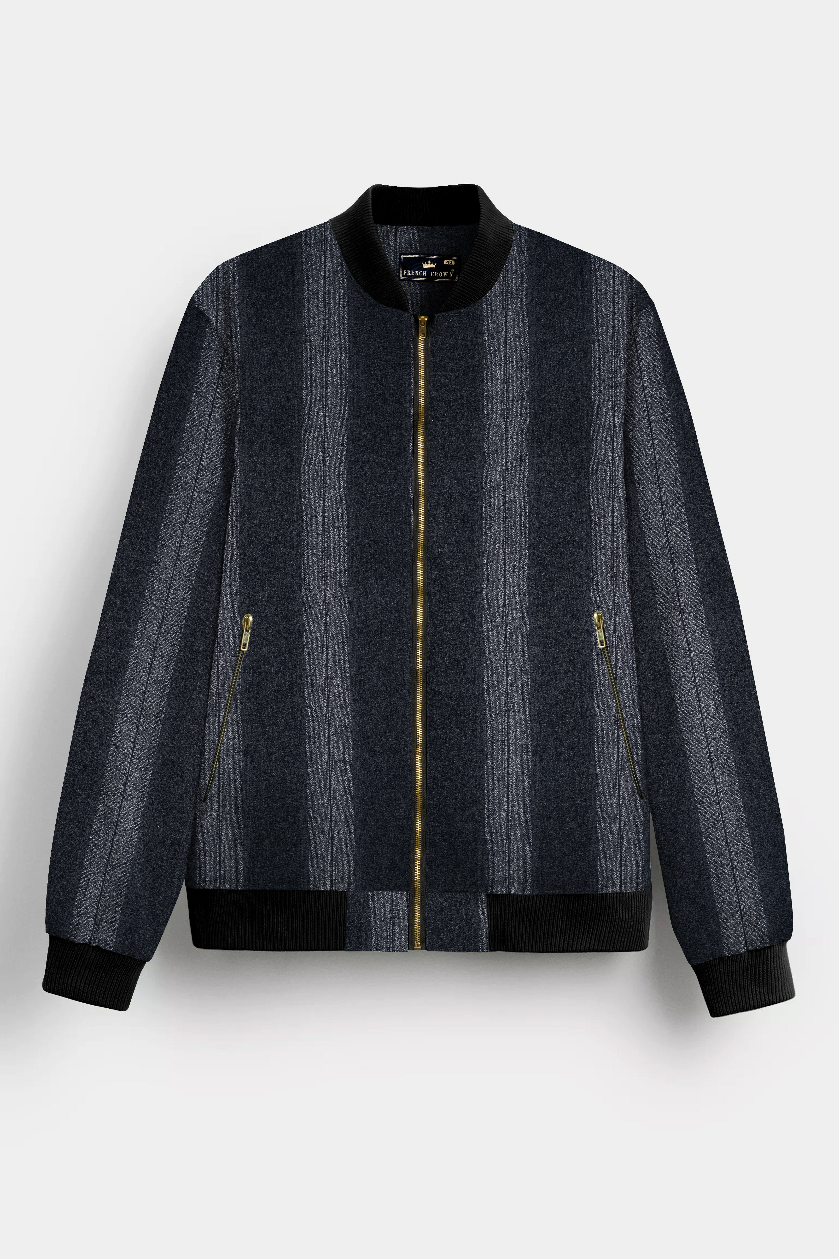Shark Gray And Mobster Striped Premium Wool Rich Bomber Jacket
