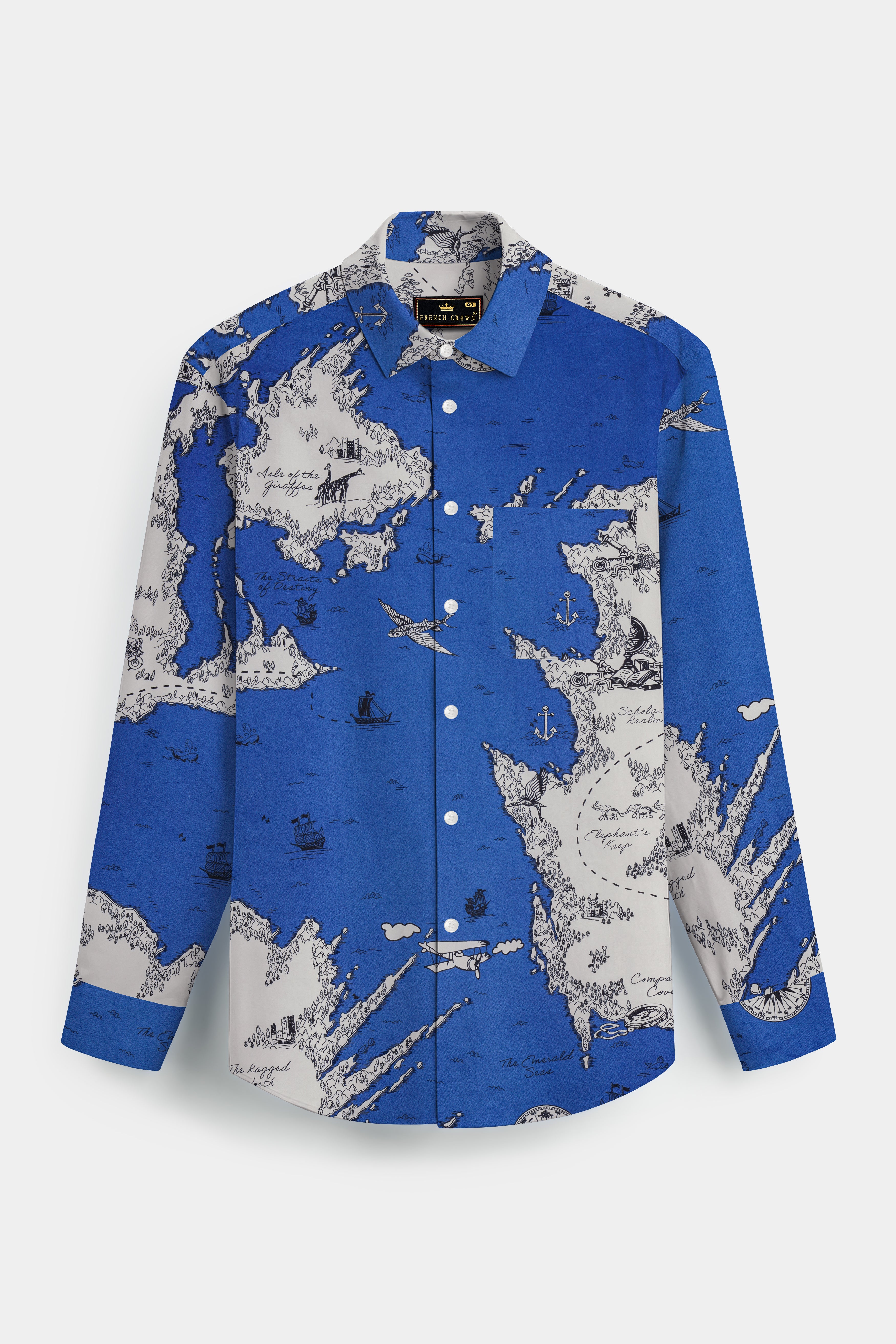 Biscay Blue And Bright White Map Printed Subtle Sheen Super Soft Premium Cotton Shirt 13238-38, 13238-H-38, 13238-39, 13238-H-39, 13238-40, 13238-H-40, 13238-42, 13238-H-42, 13238-44, 13238-H-44, 13238-46, 13238-H-46, 13238-48, 13238-H-48, 13238-50, 13238-H-50, 13238-52, 13238-H-52