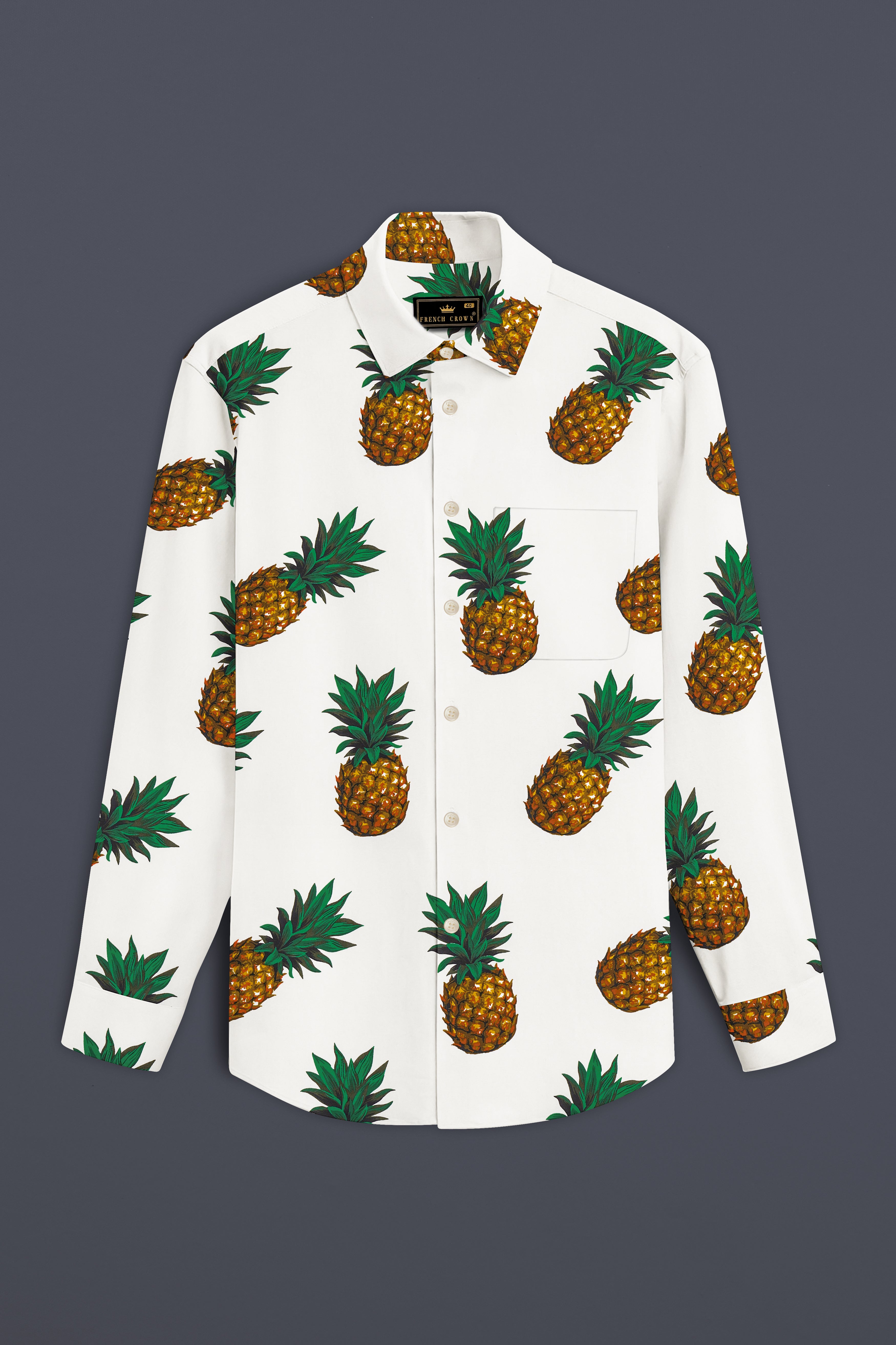 Pine Bliss-Off White Pineapple Printed Premium Cotton Shirt 13252-38, 13252-H-38, 13252-39, 13252-H-39, 13252-40, 13252-H-40, 13252-42, 13252-H-42, 13252-44, 13252-H-44, 13252-46, 13252-H-46, 13252-48, 13252-H-48, 13252-50, 13252-H-50, 13252-52, 13252-H-52