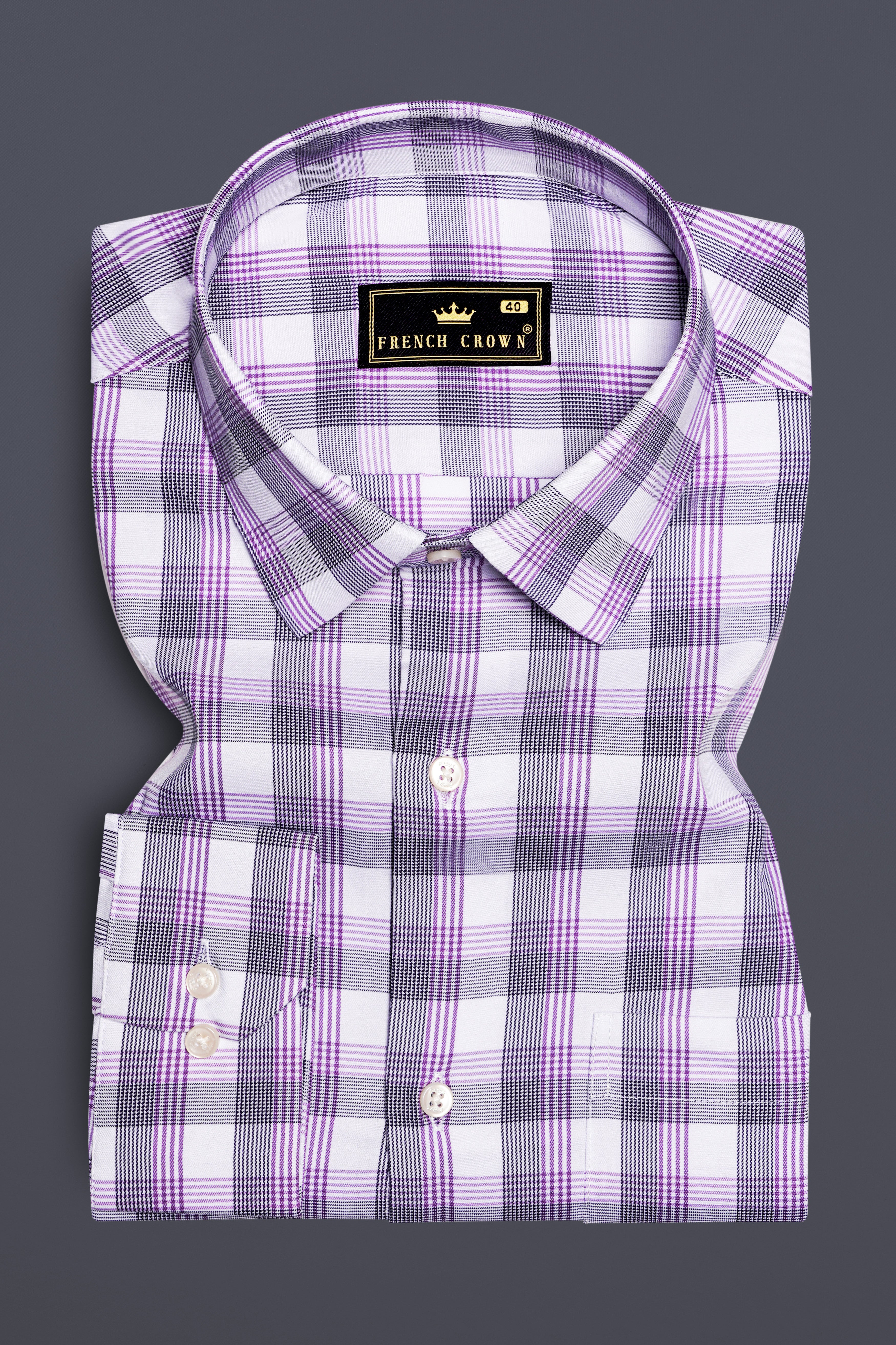 VioletLoom-Wisteria Purple And Bright White Plaid Dobby Textured Premium Giza Cotton Dress Shirt 13287-38, 13287-H-38, 13287-39, 13287-H-39, 13287-40, 13287-H-40, 13287-42, 13287-H-42, 13287-44, 13287-H-44, 13287-46, 13287-H-46, 13287-48, 13287-H-48, 13287-50, 13287-H-50, 13287-52, 13287-H-52