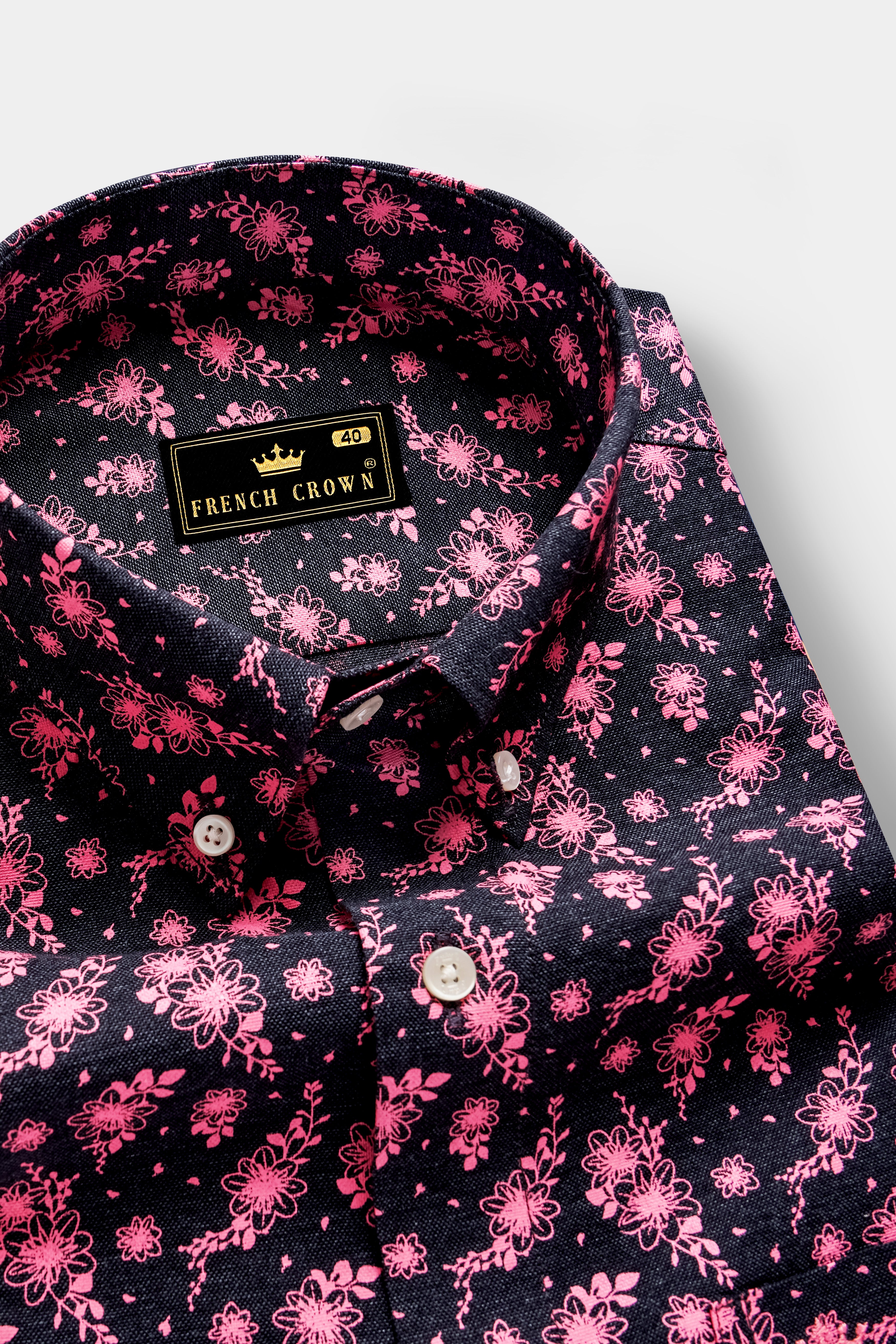 Shadow Petals-Jade Black And Carnation Pink Floral Printed Oxford Premium Cotton Casual Shirt 13335-BD-38, 13335-BD-H-38, 13335-BD-39, 13335-BD-H-39, 13335-BD-40, 13335-BD-H-40, 13335-BD-42, 13335-BD-H-42, 13335-BD-44, 13335-BD-H-44, 13335-BD-46, 13335-BD-H-46, 13335-BD-48, 13335-BD-H-48, 13335-BD-50, 13335-BD-H-50, 13335-BD-52, 13335-BD-H-52
