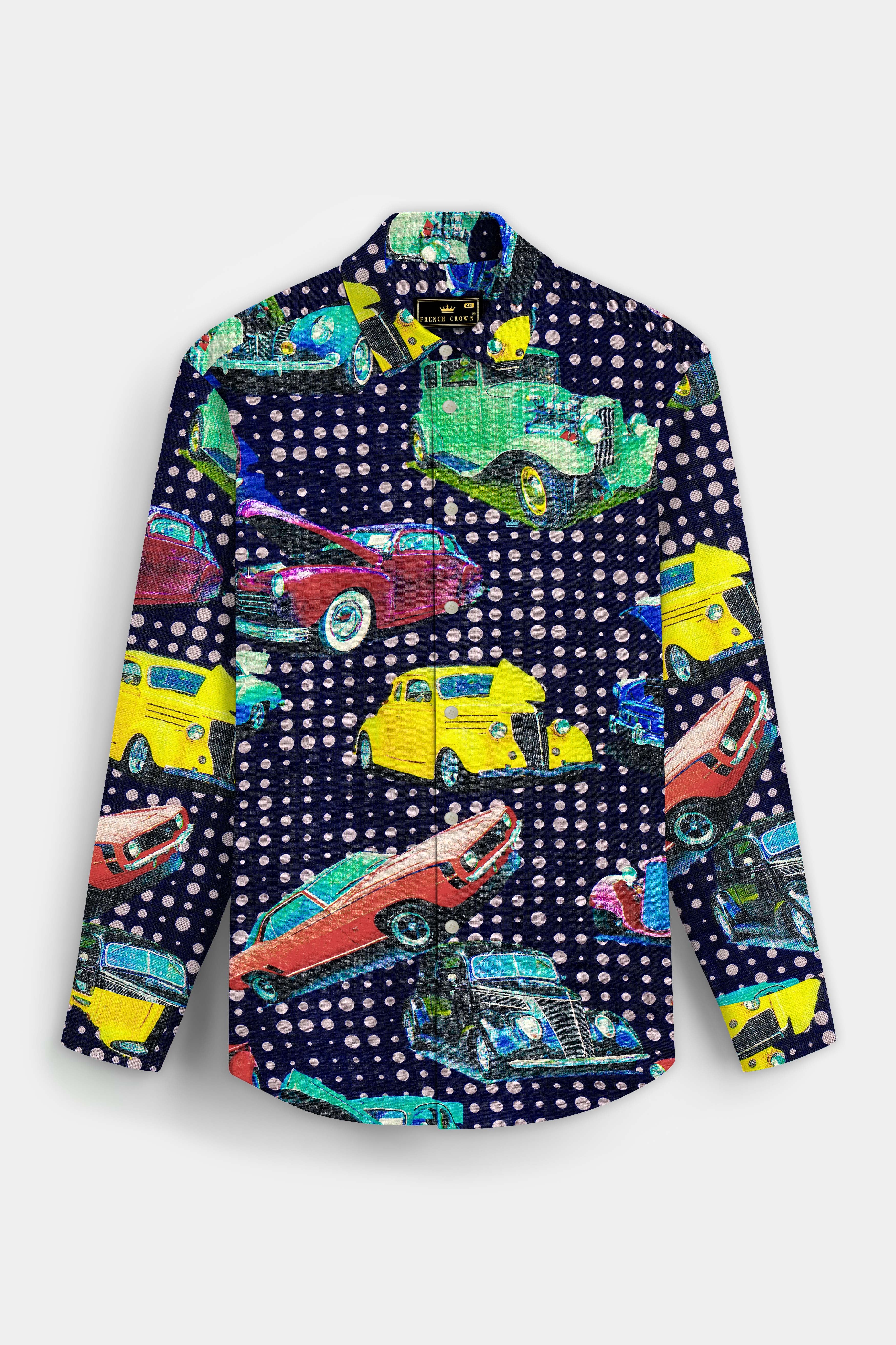 Vintage-Cinder Navy Blue Vintage Car Printed Lightweight Premium Cotton Multicolor Casual Shirt 13524-38, 13524-H-38, 13524-39, 13524-H-39, 13524-40, 13524-H-40, 13524-42, 13524-H-42, 13524-44, 13524-H-44, 13524-46, 13524-H-46, 13524-48, 13524-H-48, 13524-50, 13524-H-50, 13524-38-52, 13524-H-52