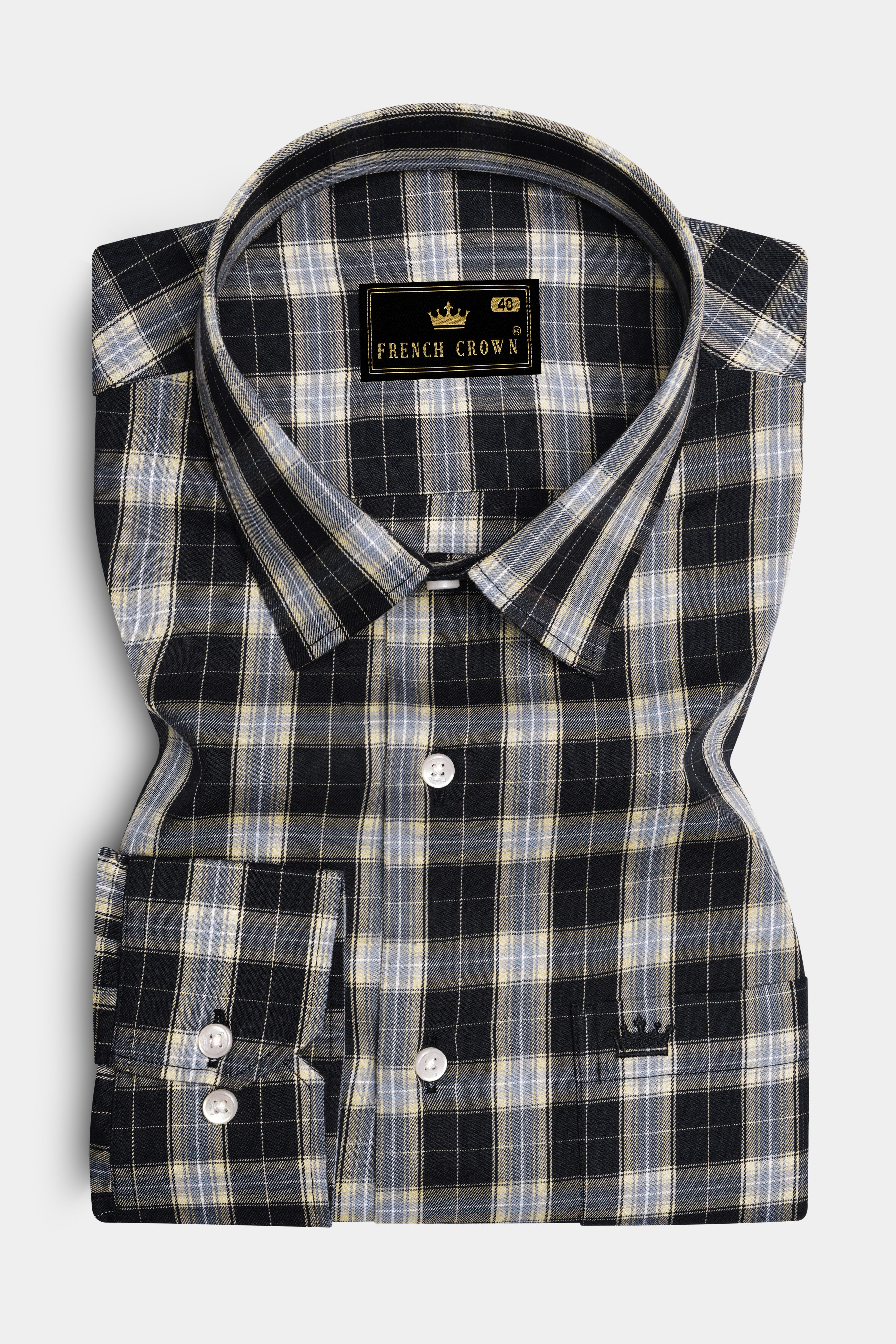 Glacier-Cinder Black And Wafer Cream Plaid Twill Premium Cotton Semi Formal Shirt 13544-38, 13544-H-38, 13544-39, 13544-H-39, 13544-40, 13544-H-40, 13544-42, 13544-H-42, 13544-44, 13544-H-44, 13544-46, 13544-H-46, 13544-48, 13544-H-48, 13544-50, 13544-H-50, 13544-52, 13544-H-52