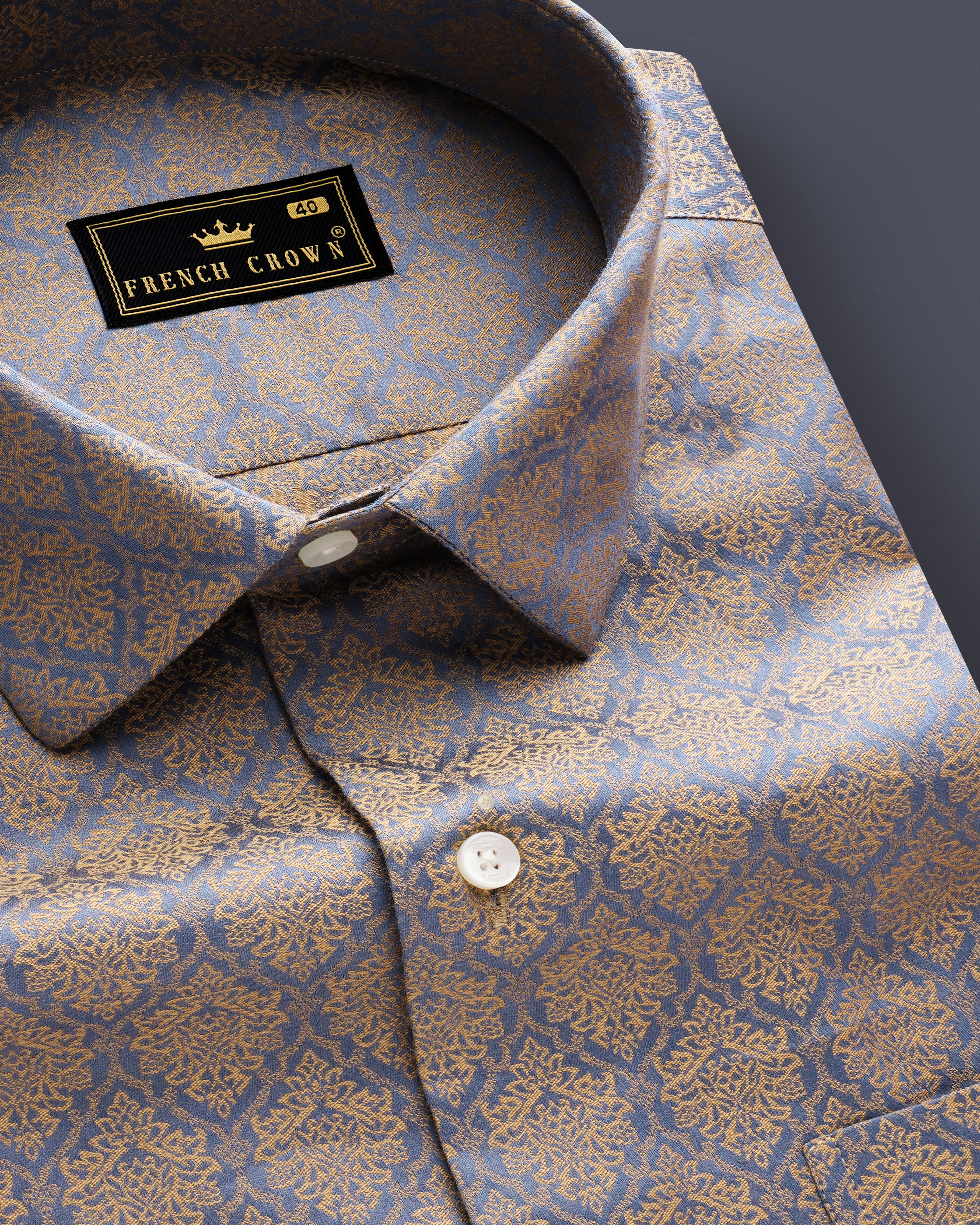 Rustic Charm-Makara Brown Damask Printed Jacquard Textured Premium Cotton Dress Shirt